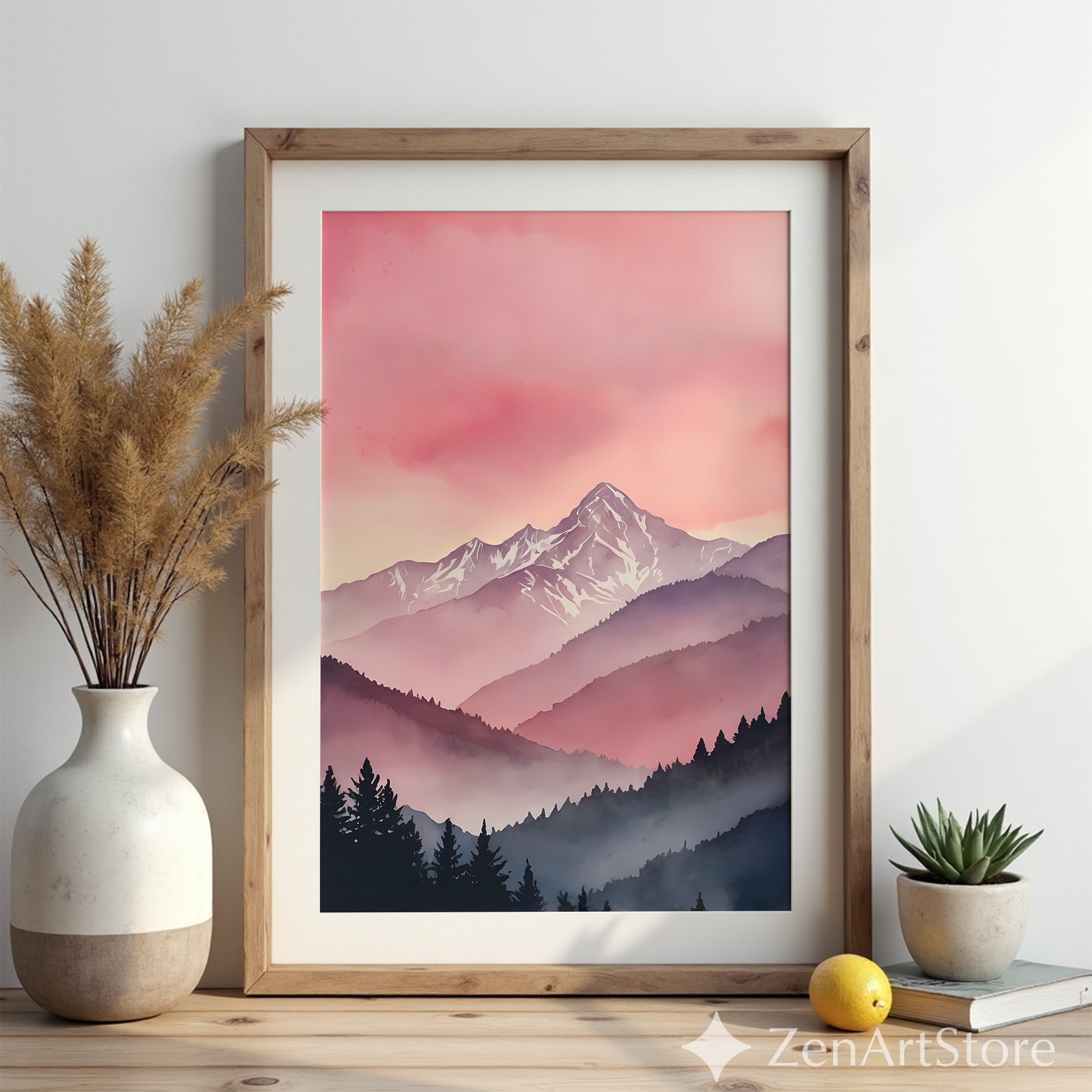 Pink Mountain Landscape Art Print - Minimal Watercolor Mountain Wall Art for Japandi & Scandinavian Home Decor