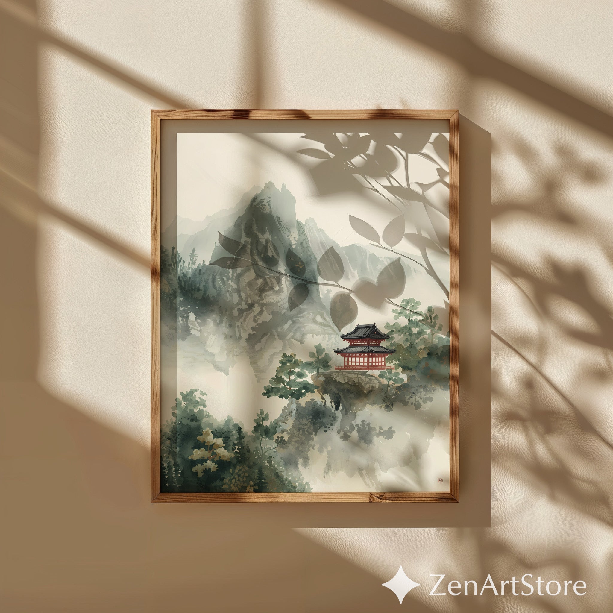 Zen Mountain Pagoda Art Print - Minimal Japanese Sumi-e Landscape, Japandi Wall Art for Calming Neutral Home Decor