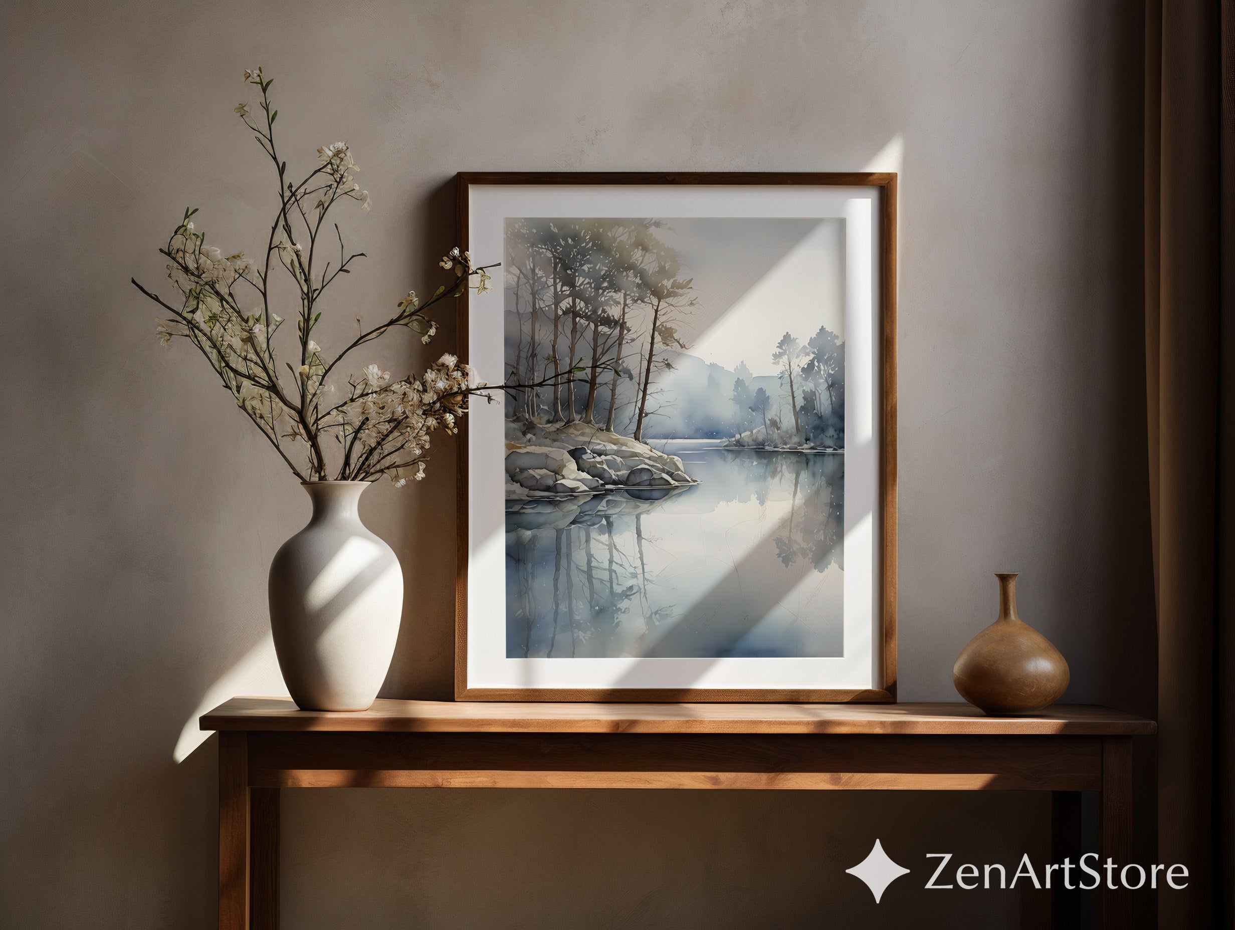 Misty Lake Watercolor Print - Calm Minimal Landscape Wall Art for Living Room Japandi Scandinavian Neutral Decor