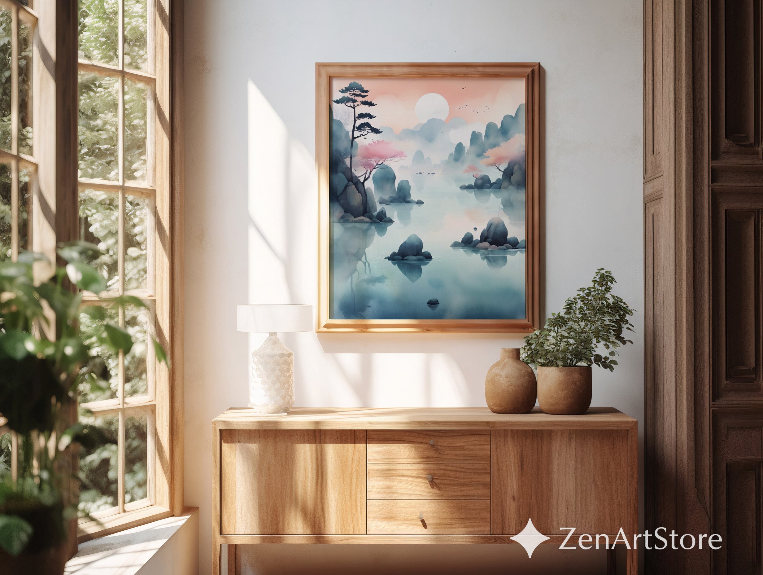 Serene Pastel Mountain Lake Wall Art - Zen Japandi Landscape Print, Printable & Canvas