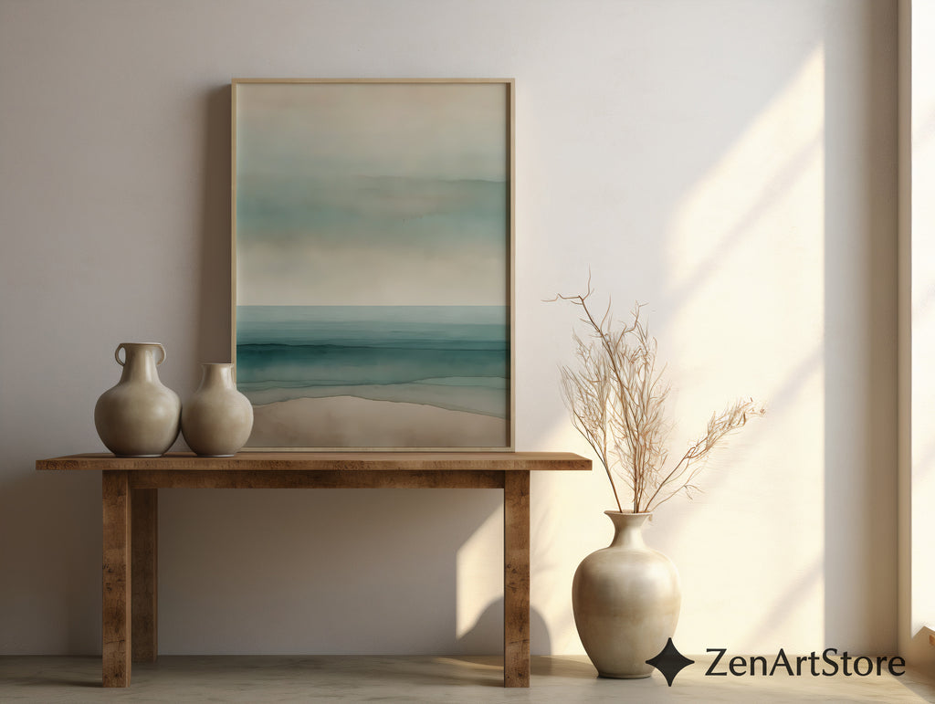 Minimal Coastal Seascape Print - Soft Teal & Beige Abstract Beach Wall Art, Zen Japandi Scandinavian Neutral Home Decor