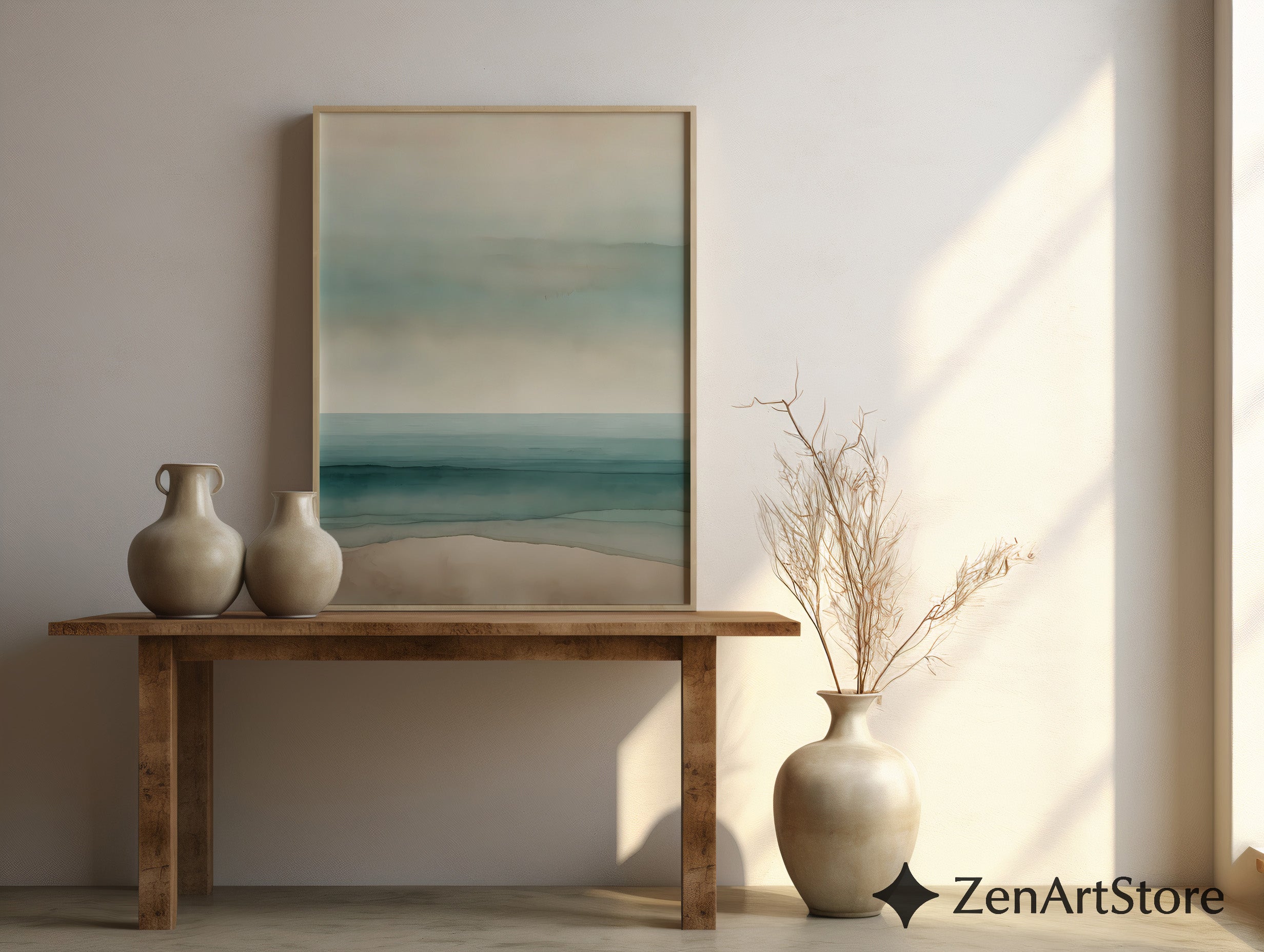 Minimal Coastal Seascape Print - Soft Teal & Beige Abstract Beach Wall Art, Zen Japandi Scandinavian Neutral Home Decor