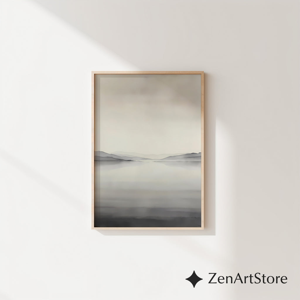 Minimal Neutral Landscape Wall Art - Misty Lake with Layered Hills - Japandi Scandinavian Zen Print for Living Room Bedroom