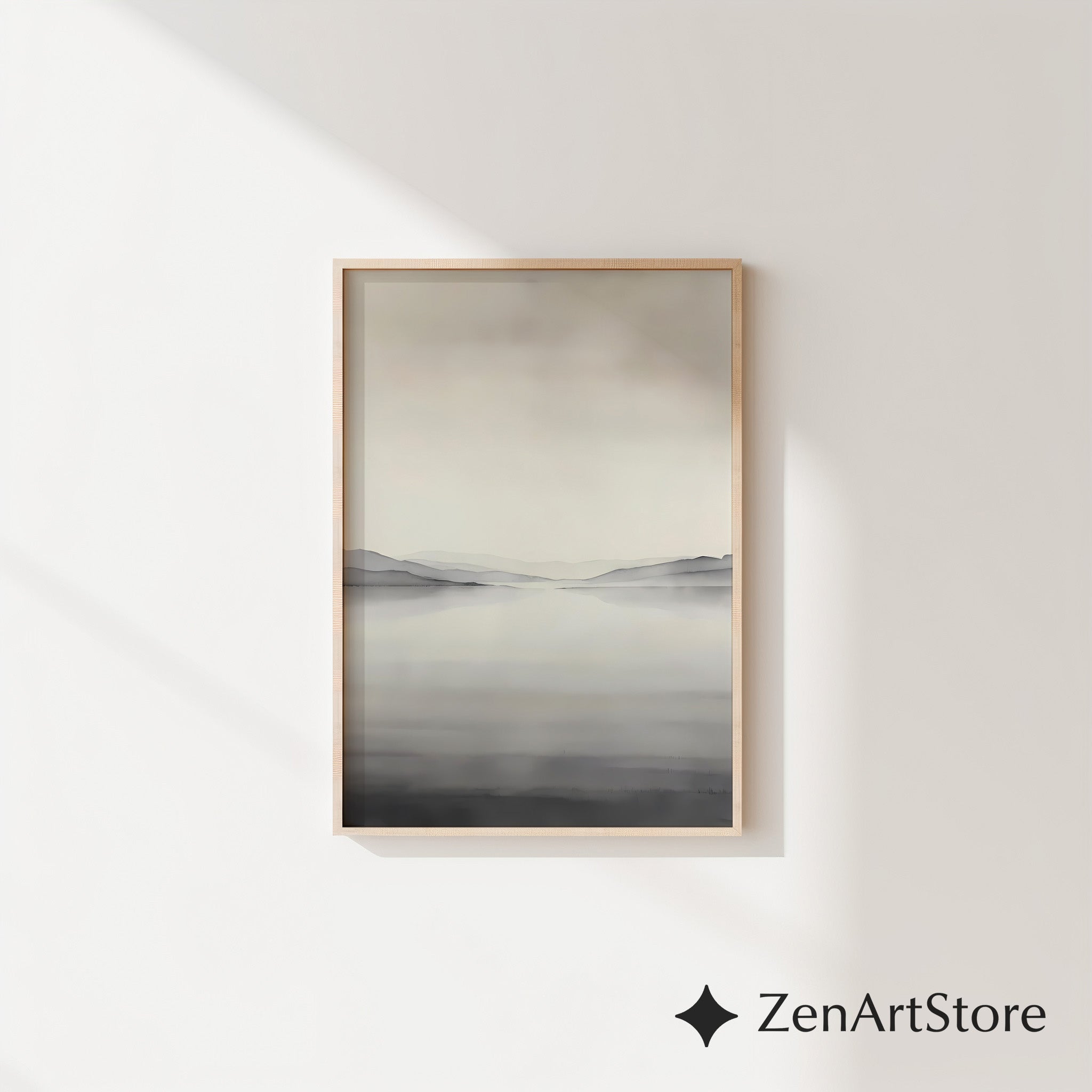 Minimal Neutral Landscape Wall Art - Misty Lake with Layered Hills - Japandi Scandinavian Zen Print for Living Room Bedroom