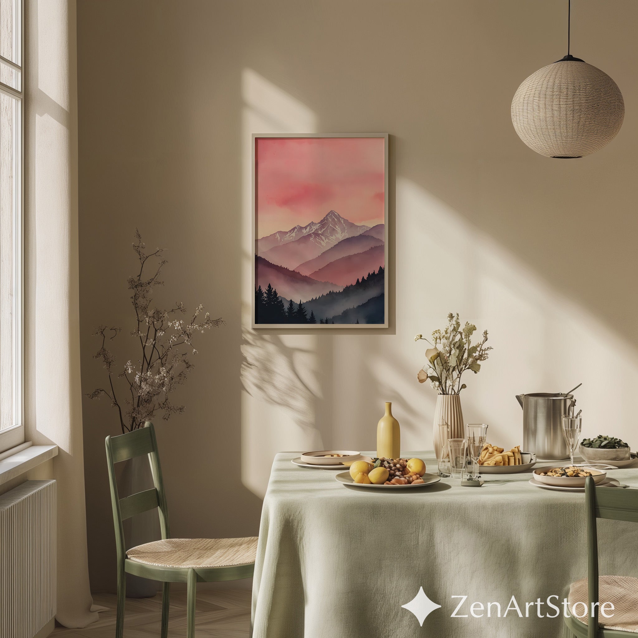 Pink Mountain Landscape Art Print - Minimal Watercolor Mountain Wall Art for Japandi & Scandinavian Home Decor