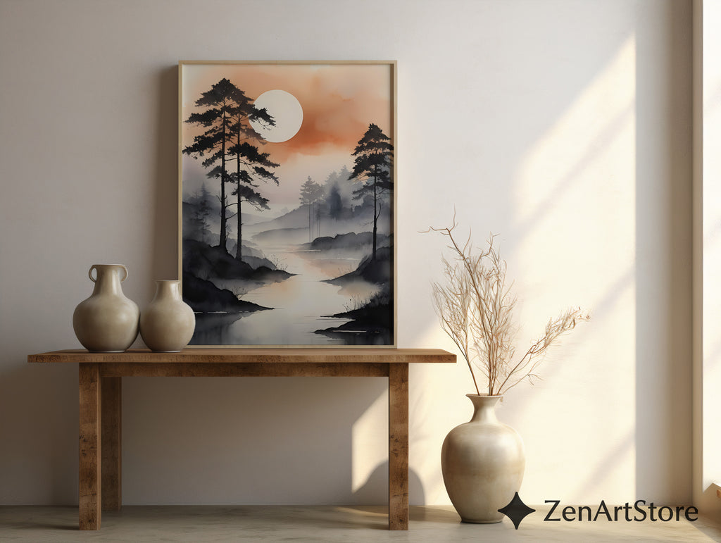 Misty River Landscape Wall Art - Zen Japandi Minimal Sunset Print, Neutral Wabi Sabi Home Decor