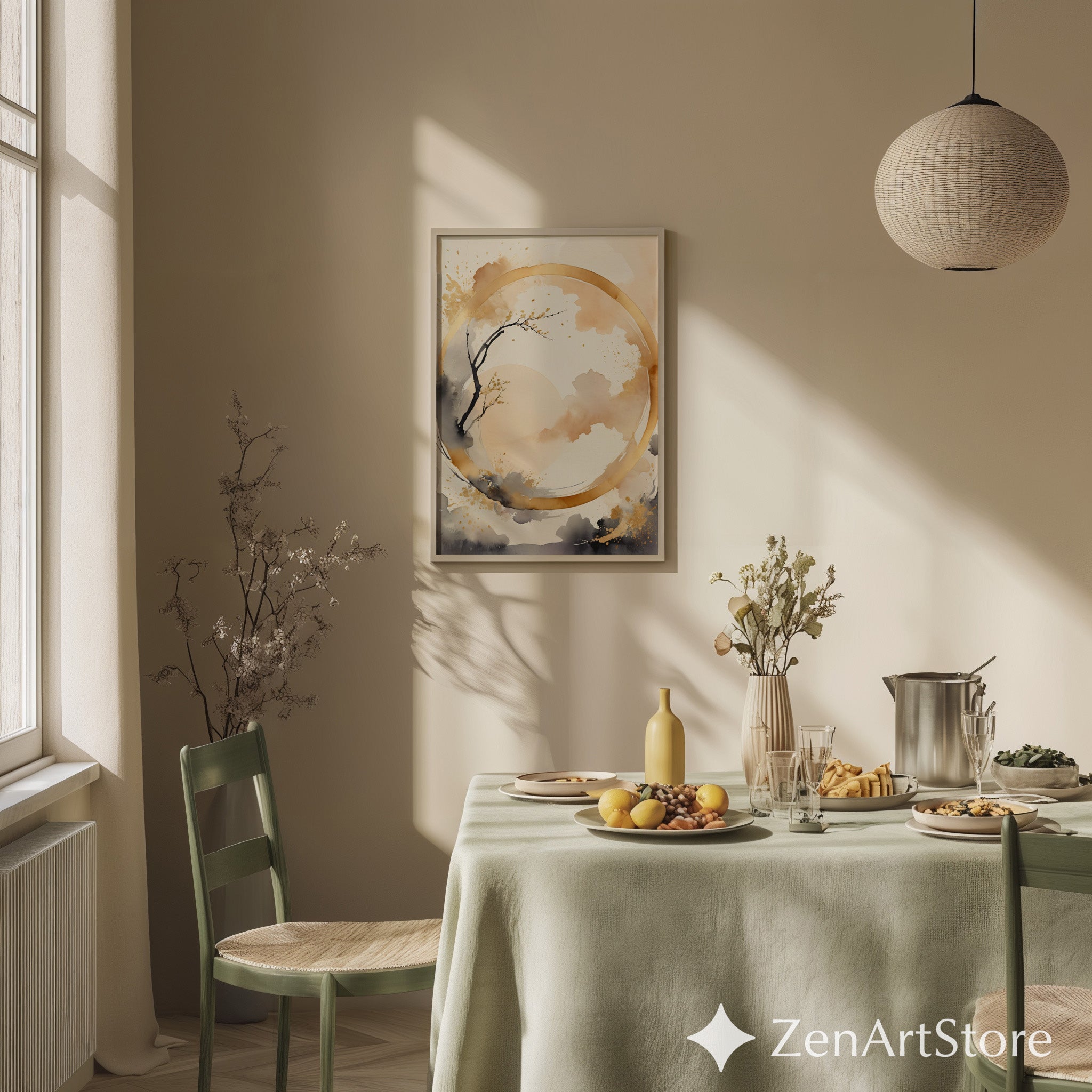 Abstract Zen Gold Circle Wall Art - Minimal Japandi Neutral Print Beige Black Botanical Landscape