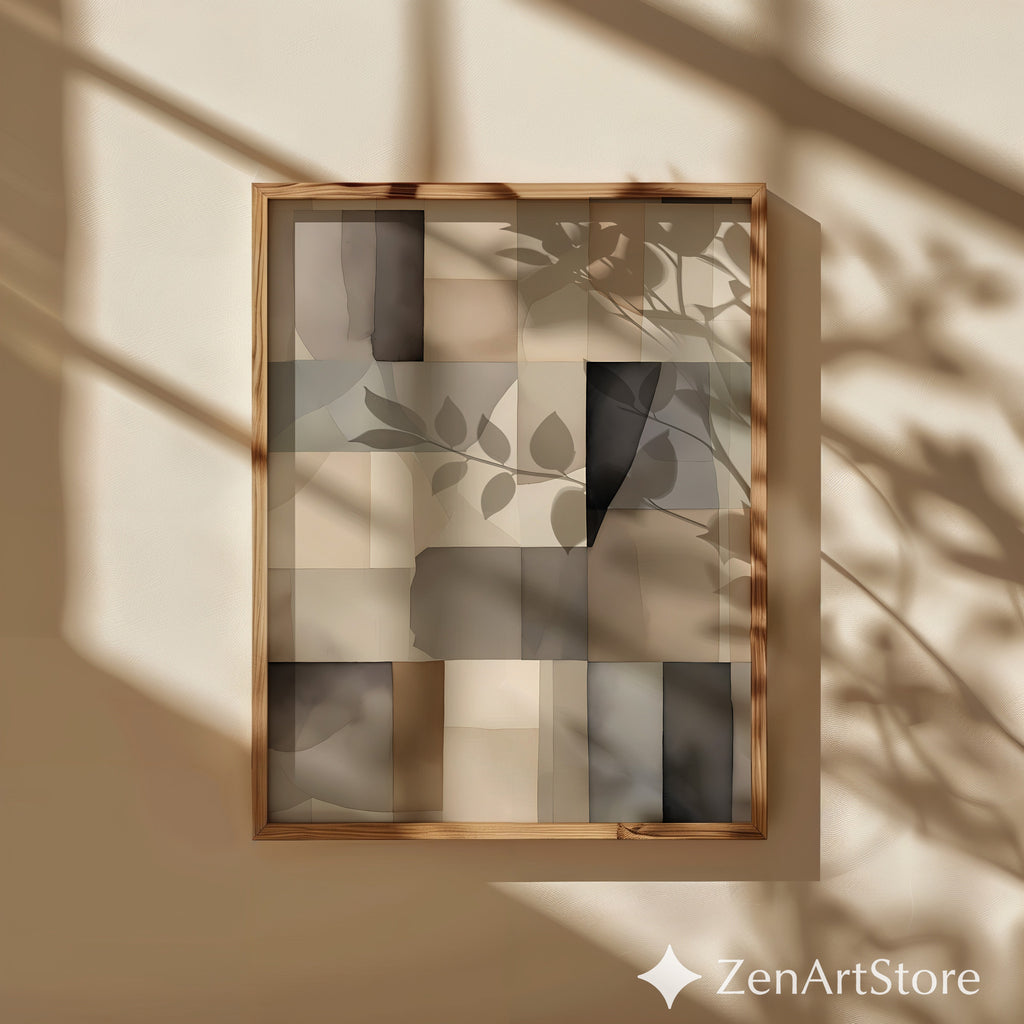 Neutral Abstract Patchwork Wall Art - Minimal Beige Brown Geometric Print for Japandi & Scandinavian Home Decor