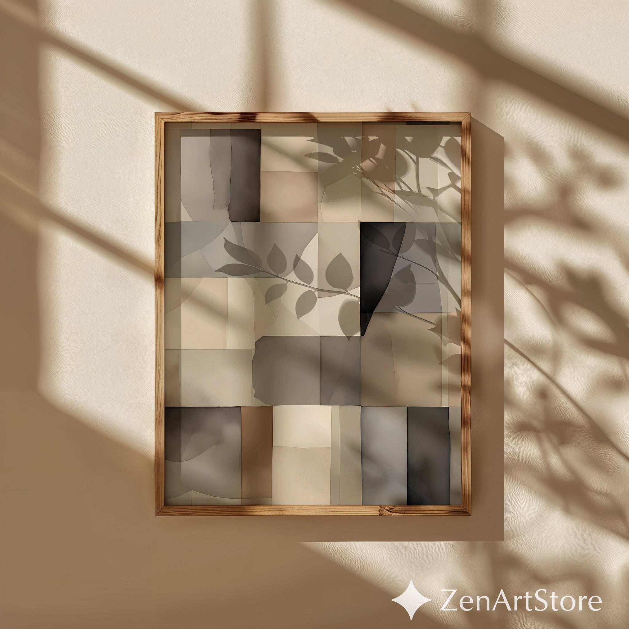 Neutral Abstract Patchwork Wall Art - Minimal Beige Brown Geometric Print for Japandi & Scandinavian Home Decor
