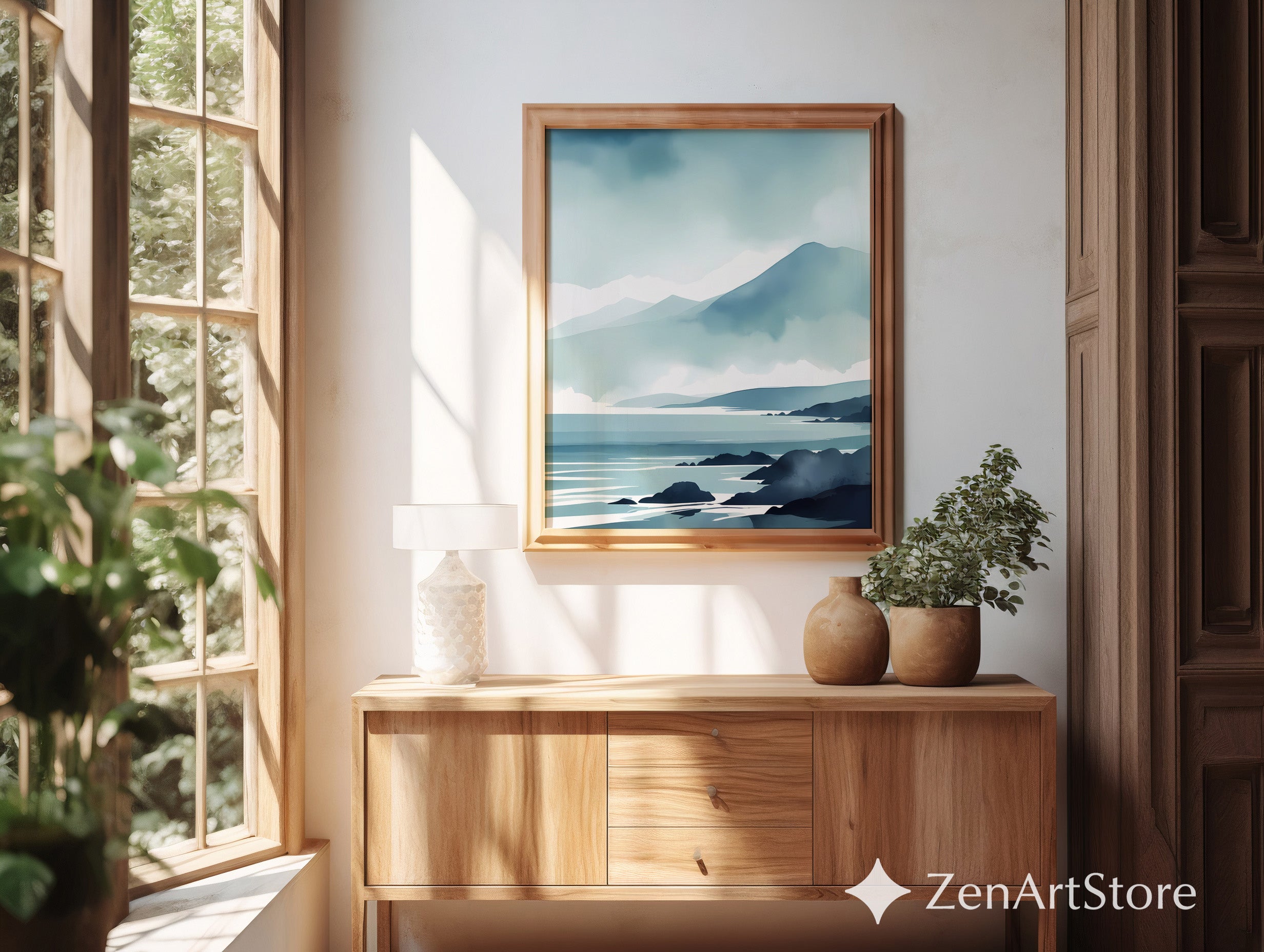 Minimal Blue Coastal Landscape Print - Serene Mountain Seascape Wall Art for Japandi & Scandinavian Homes