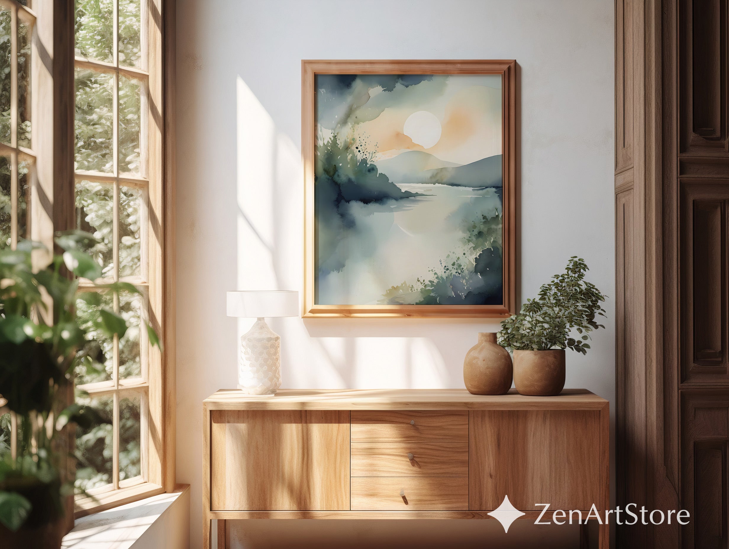 Calm Sunrise Watercolor Landscape Print - Minimal Zen Lake Art for Neutral Home Decor, Japandi Scandinavian Wall Art