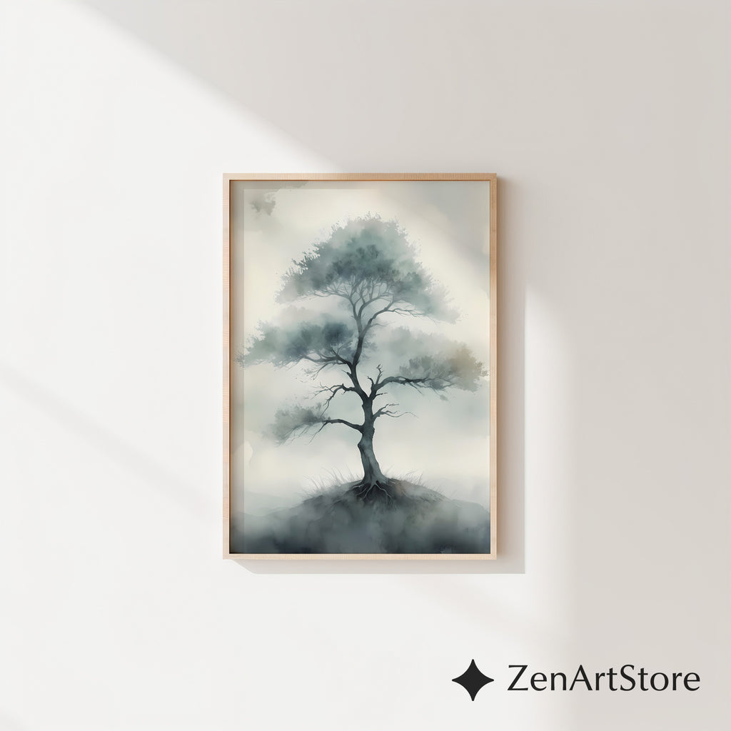 Misty Tree Watercolor Print - Minimal Zen Tree Wall Art, Japandi Neutral Botanical Canvas for Living Room & Bedroom