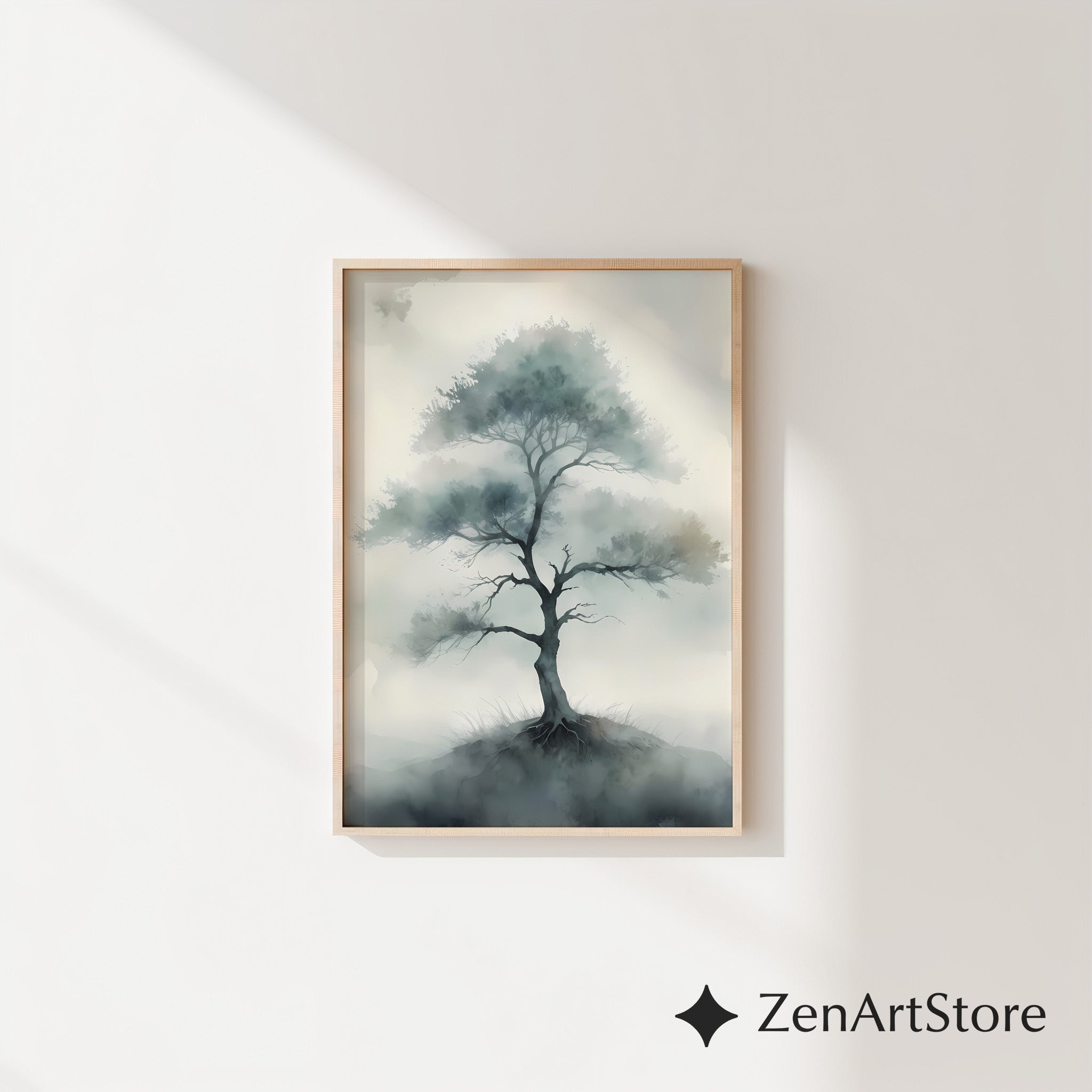 Misty Tree Watercolor Print - Minimal Zen Tree Wall Art, Japandi Neutral Botanical Canvas for Living Room & Bedroom