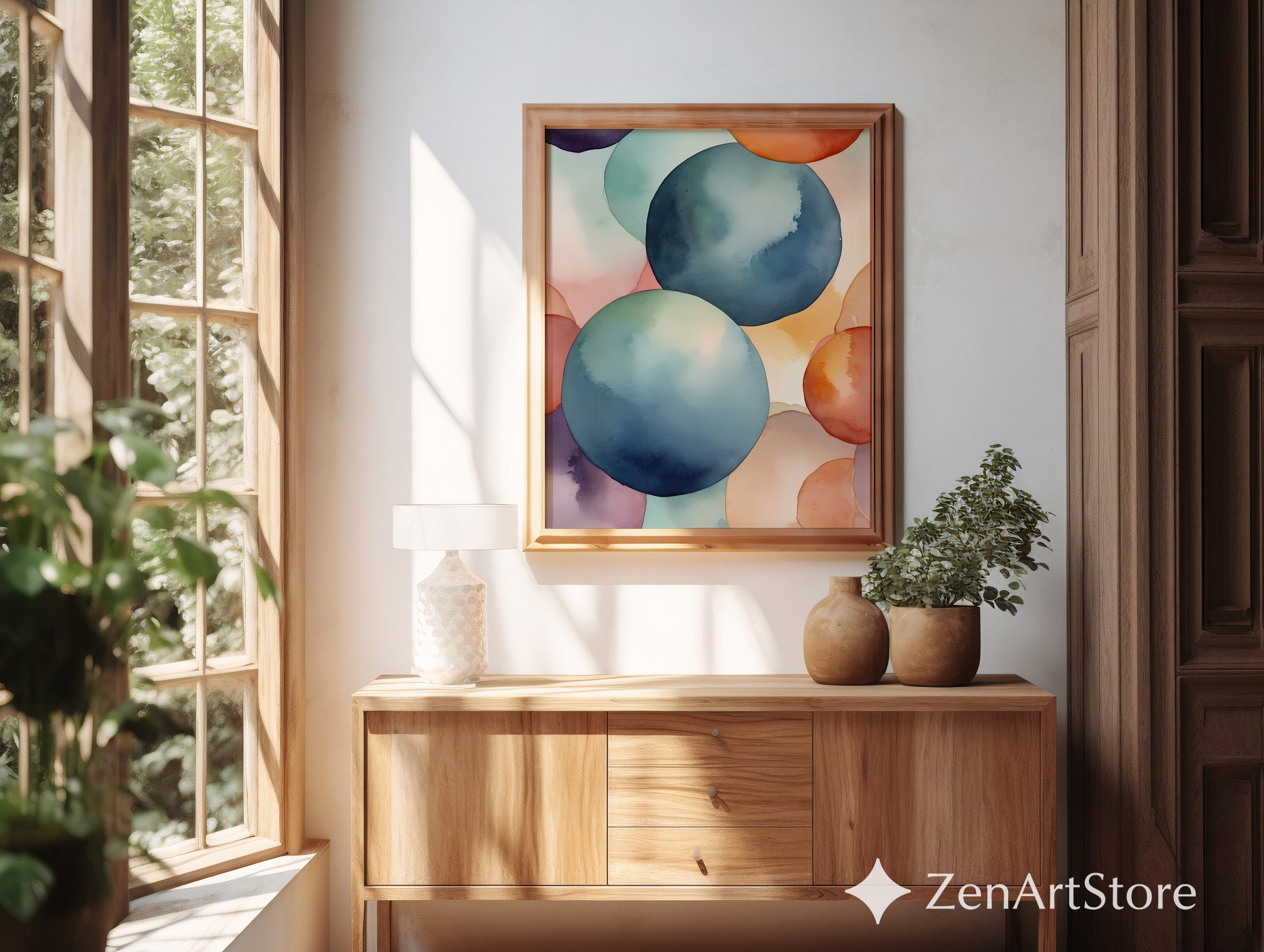 Abstract Watercolor Circles Wall Art - Modern Minimal Japandi Print, Calm Pastel Home Decor, Large Printable Living Room Art