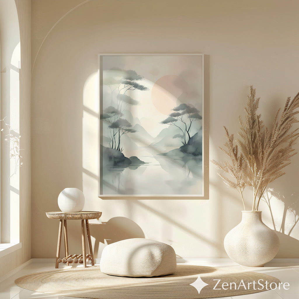 Misty Zen Landscape Print - Minimal Japandi Wall Art with Blush Sun and Tree Reflections - Wabi Sabi Neutral Home Decor
