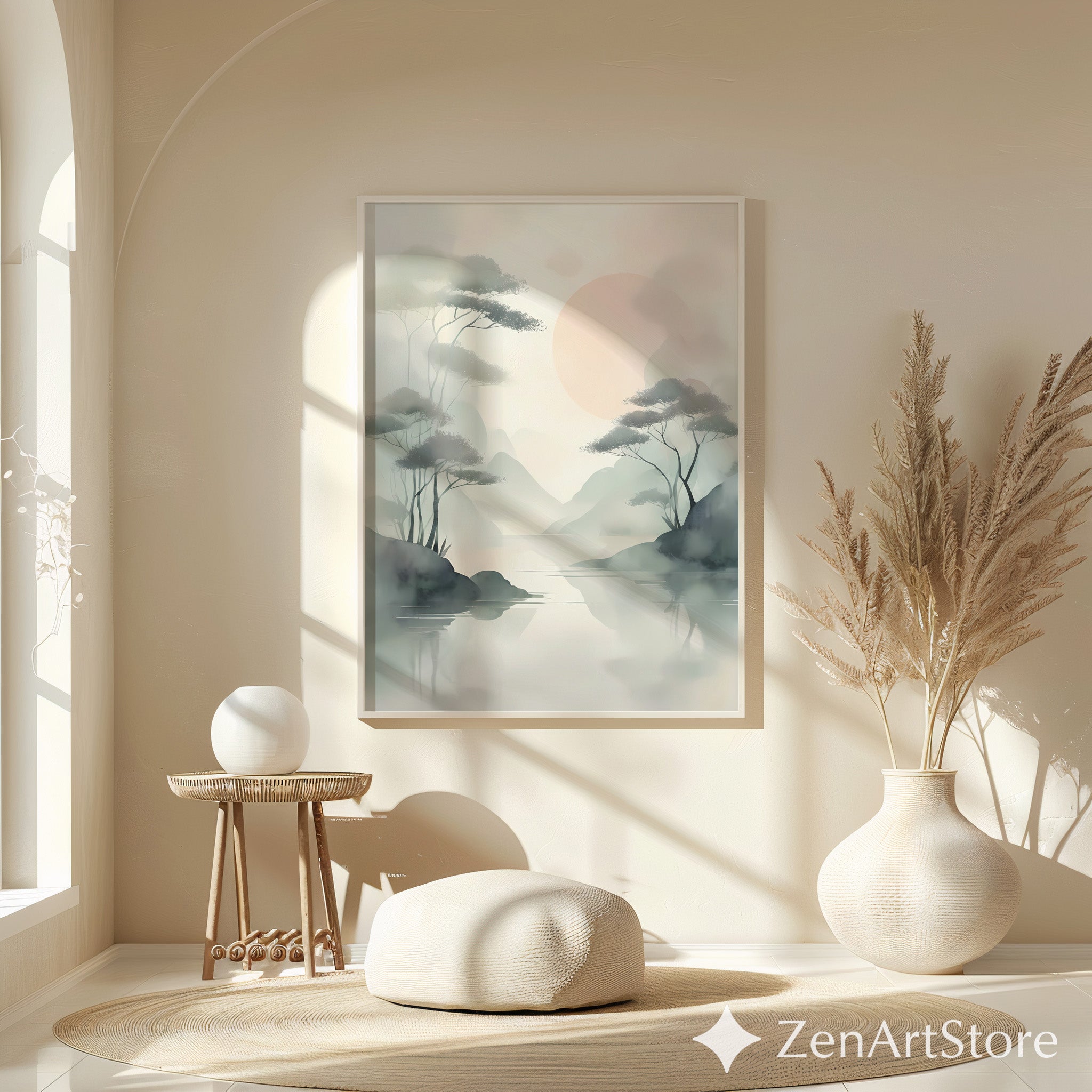 Misty Zen Landscape Print - Minimal Japandi Wall Art with Blush Sun and Tree Reflections - Wabi Sabi Neutral Home Decor