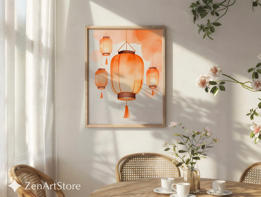 Warm Orange Lantern Wall Art - Minimal Paper Lantern Print, Japandi Zen Home Decor, Digital Download & Fine Art Print