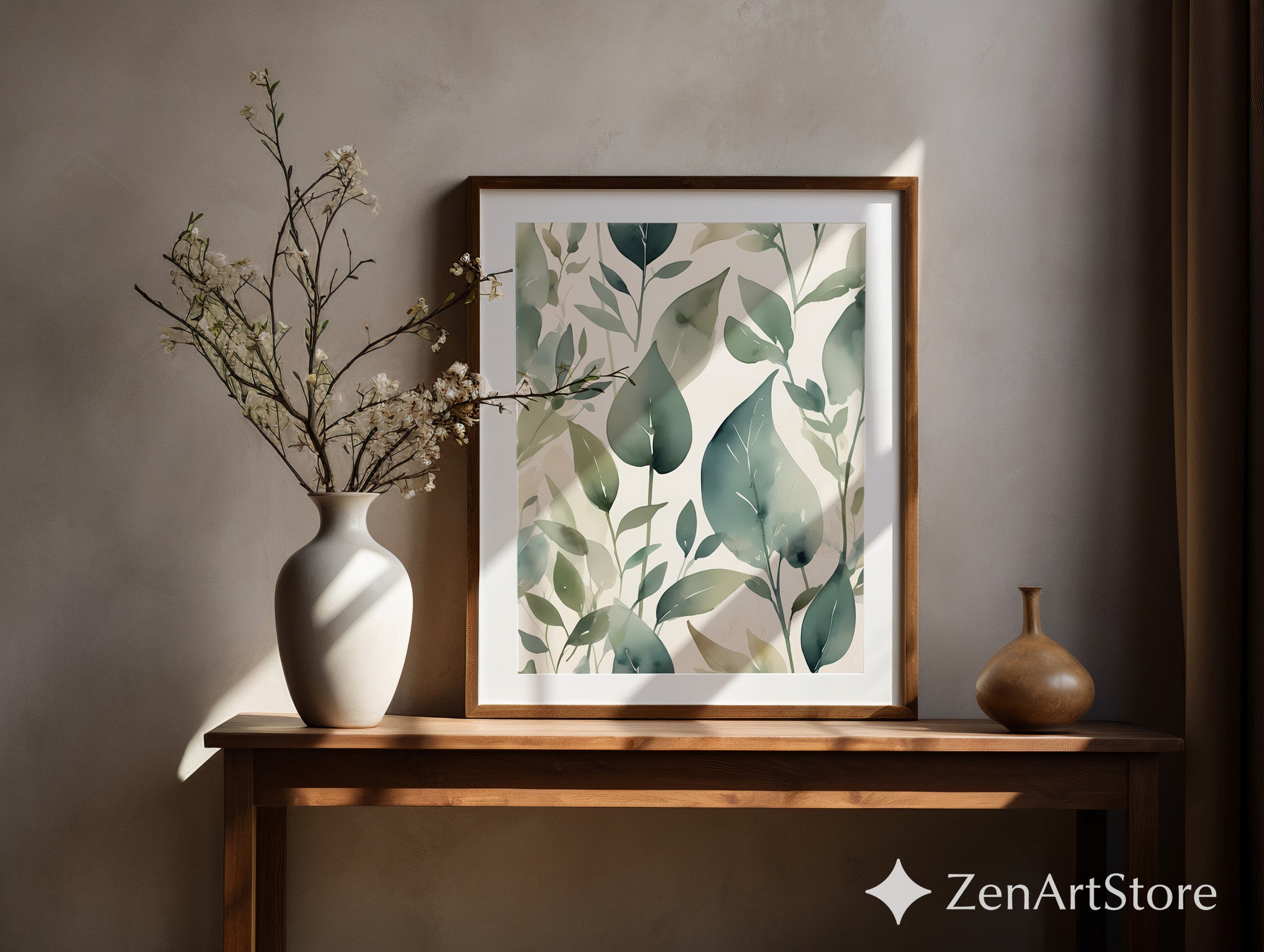 Calming Green Botanical Watercolor Leaf Print - Minimal Neutral Wall Art for Scandinavian Japandi Home Decor