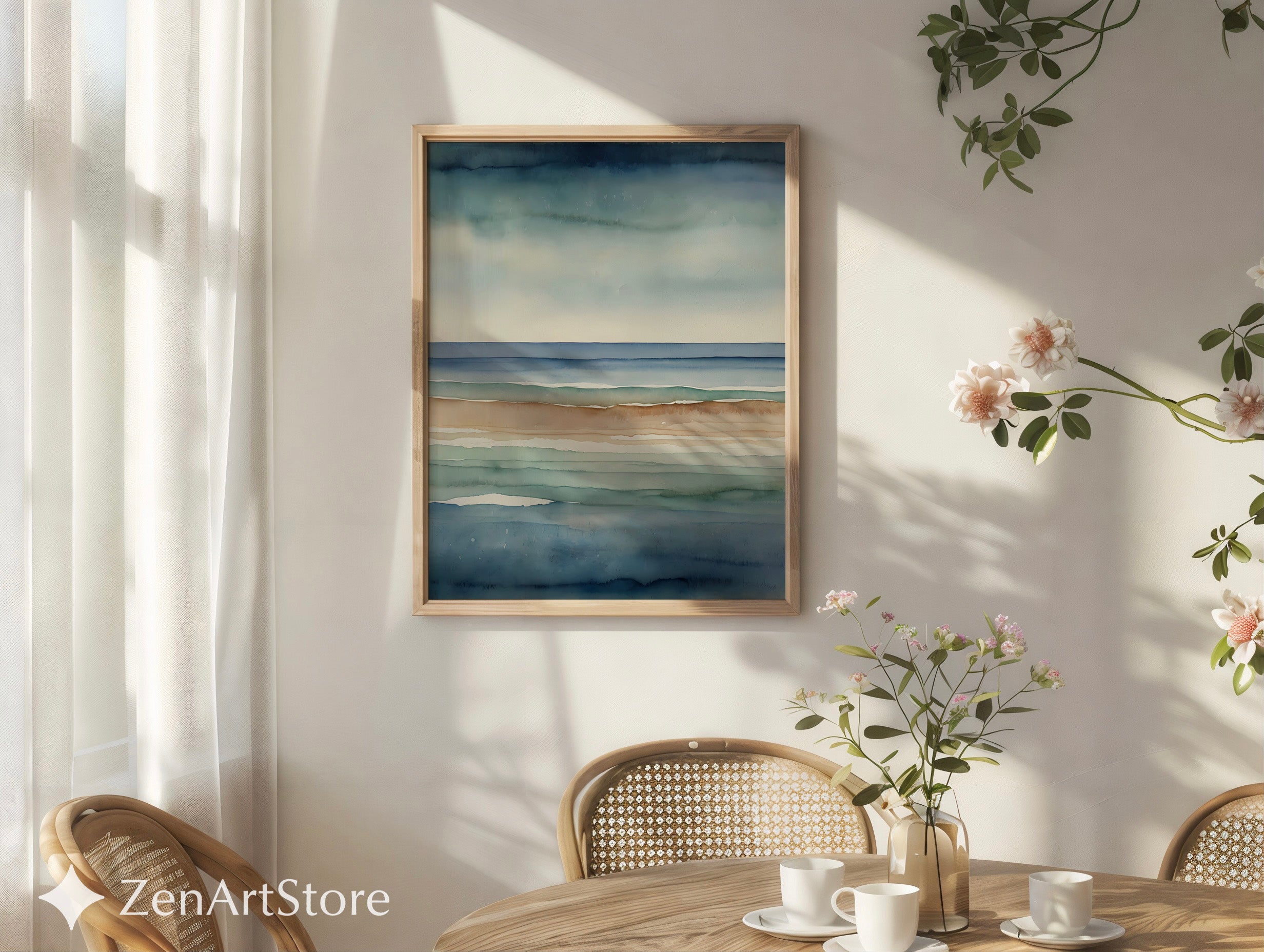 Abstract Coastal Watercolor Print Calm Blue Beige Seascape Minimal Japandi Wall Art Neutral Home Decor