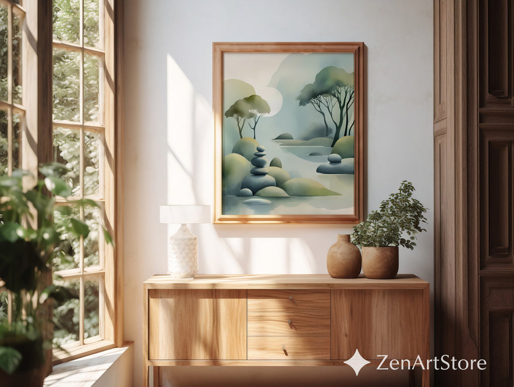 Zen Landscape Print - Minimal Abstract Nature Wall Art, Japandi Misty Trees & Stacked Stones Neutral Green Home Decor