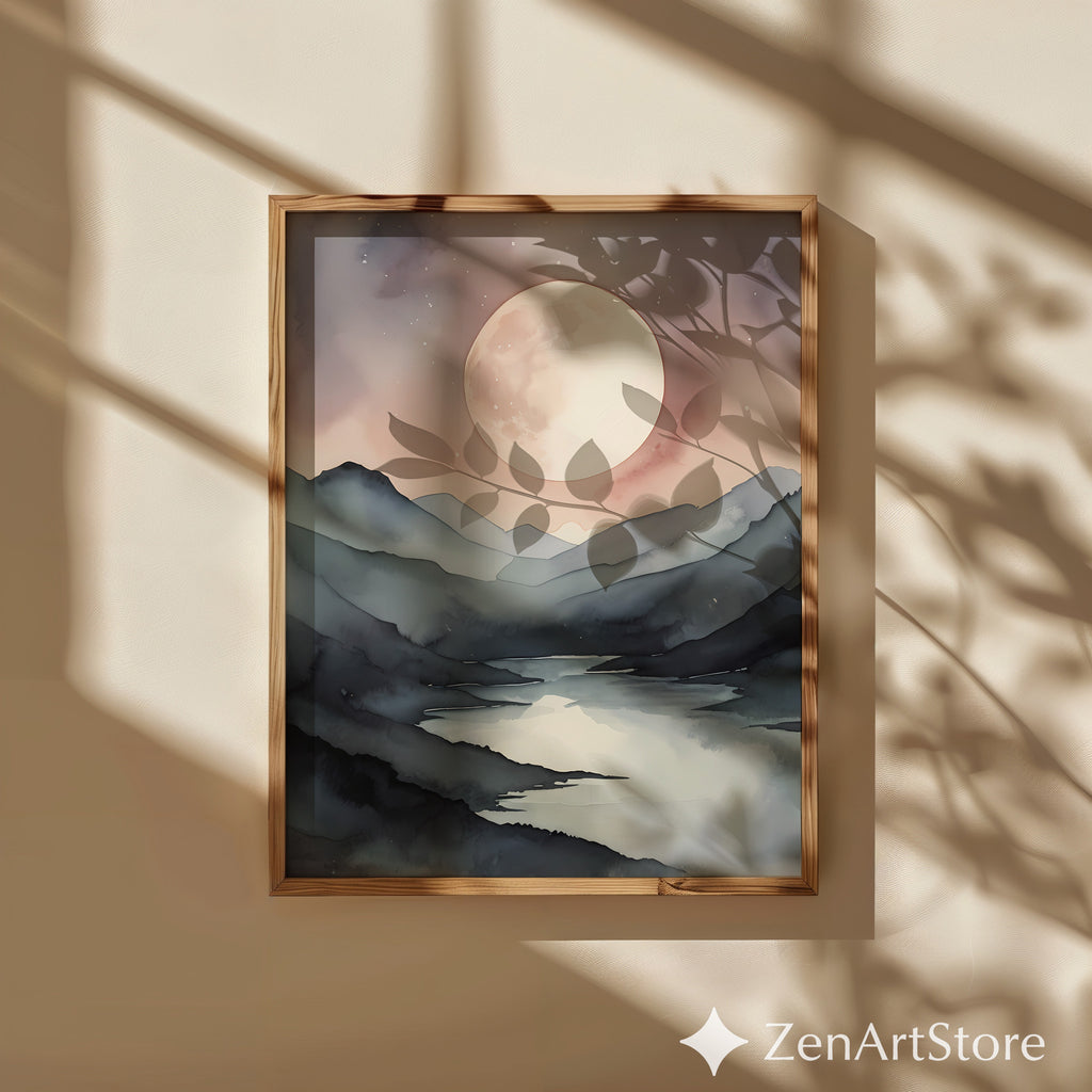 Serene Moonlit Mountain Lake Watercolor Print - Japandi Minimal Neutral Wall Art, Beige & Gray Landscape