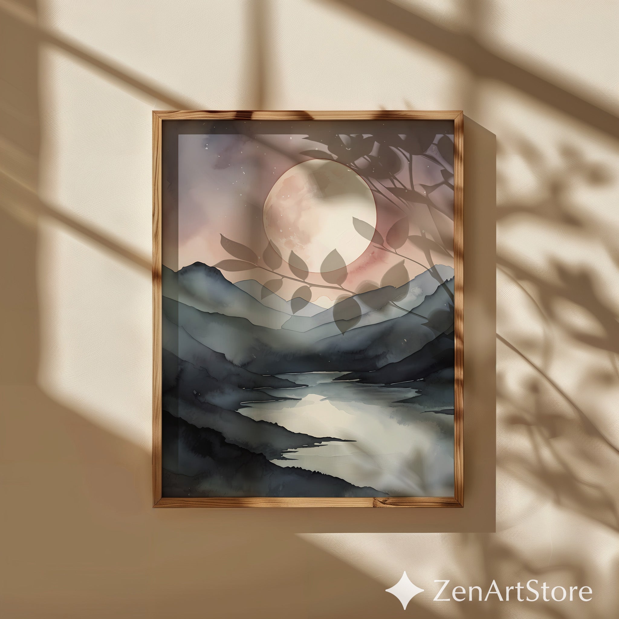 Serene Moonlit Mountain Lake Watercolor Print - Japandi Minimal Neutral Wall Art, Beige & Gray Landscape