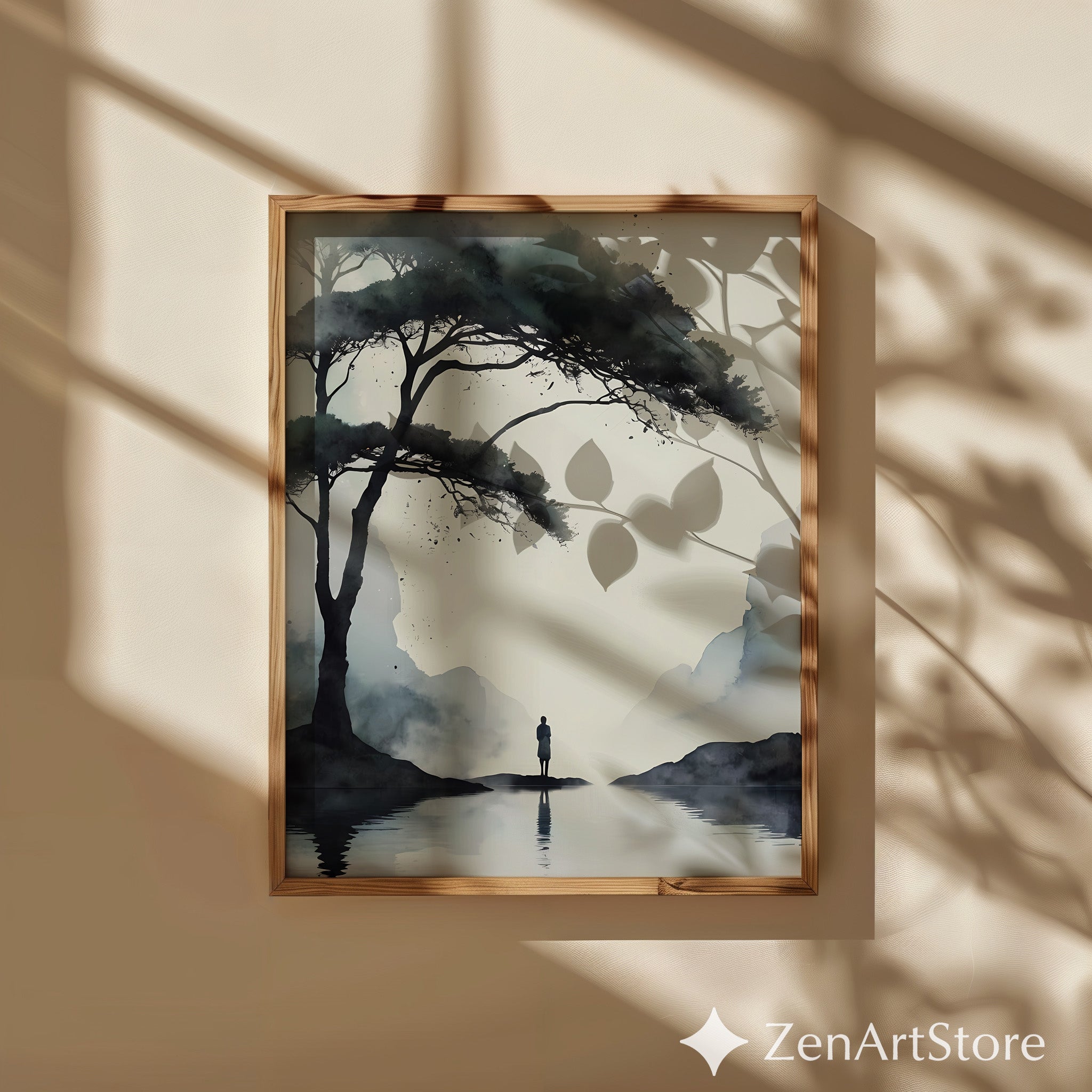 Misty Sumi-e Landscape Print - Zen Minimalist Tree & Solitary Figure Japandi Neutral Wall Art