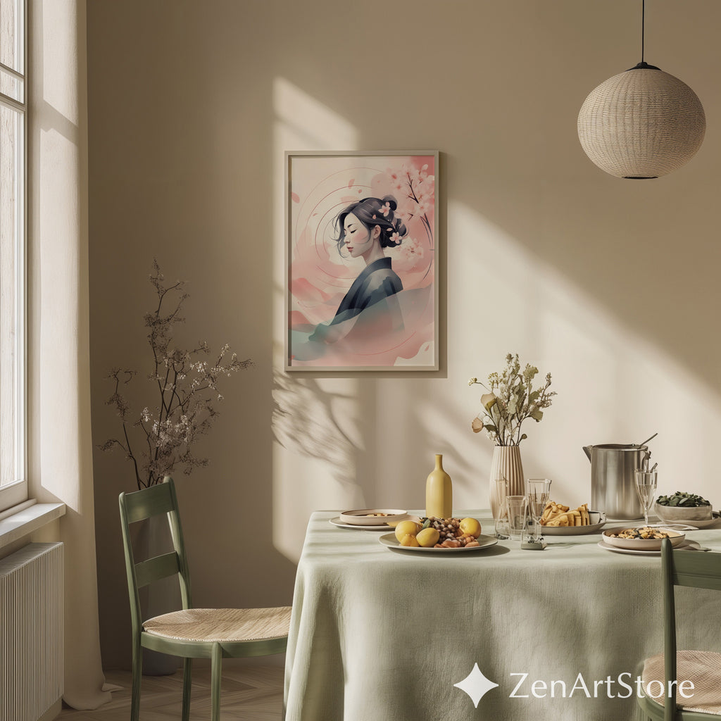 Serene Sakura Portrait Print - Japandi Minimal Cherry Blossom Wall Art, Zen Pastel Home Decor