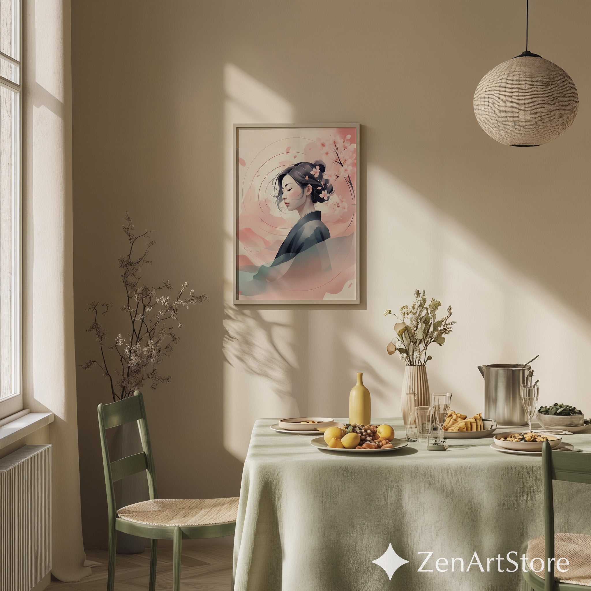 Serene Sakura Portrait Print - Japandi Minimal Cherry Blossom Wall Art, Zen Pastel Home Decor