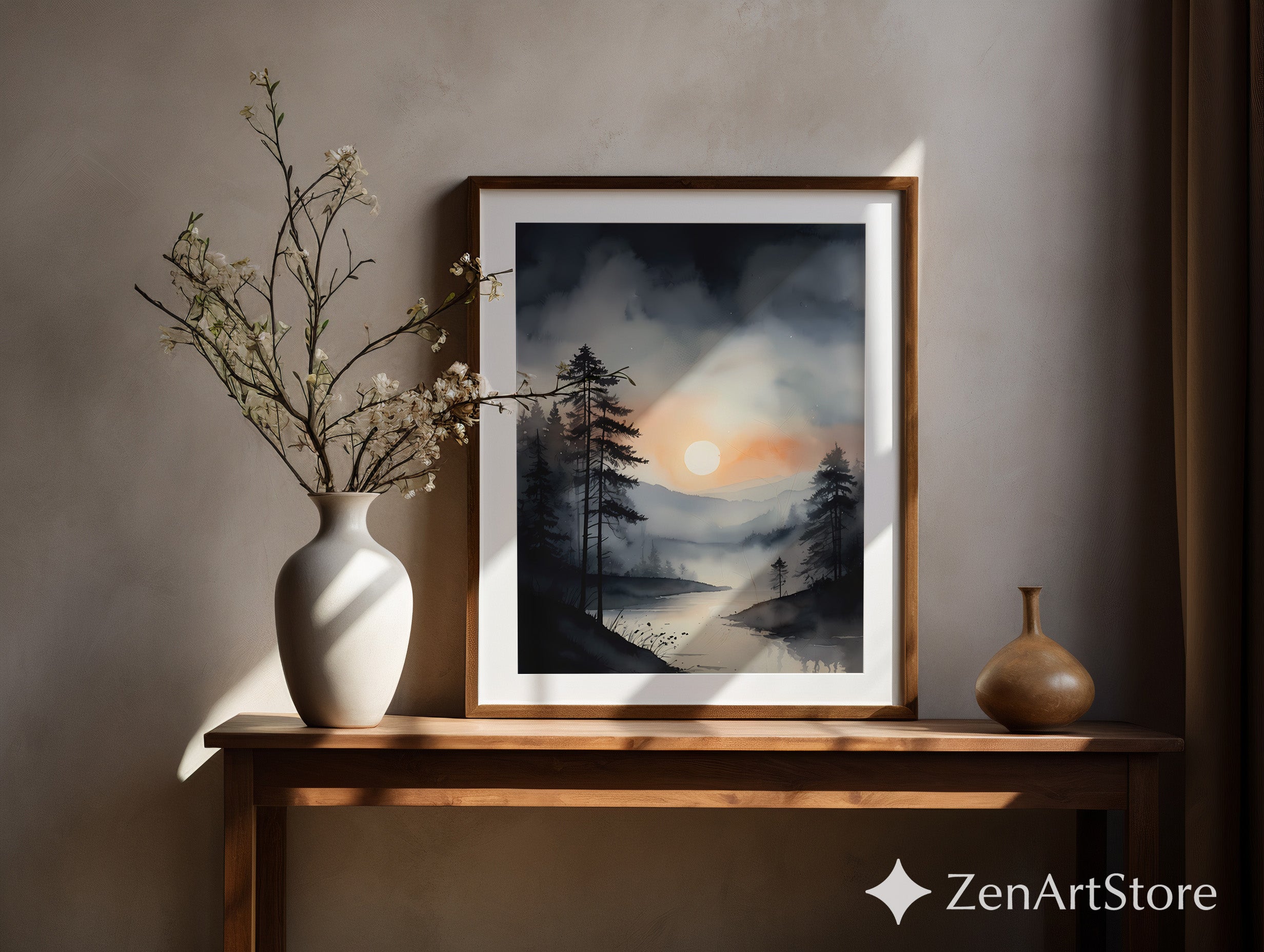 Misty Forest Sunrise Wall Art - Minimal Neutral Landscape Print, Japandi Wabi Sabi Lake Reflection for Living Room