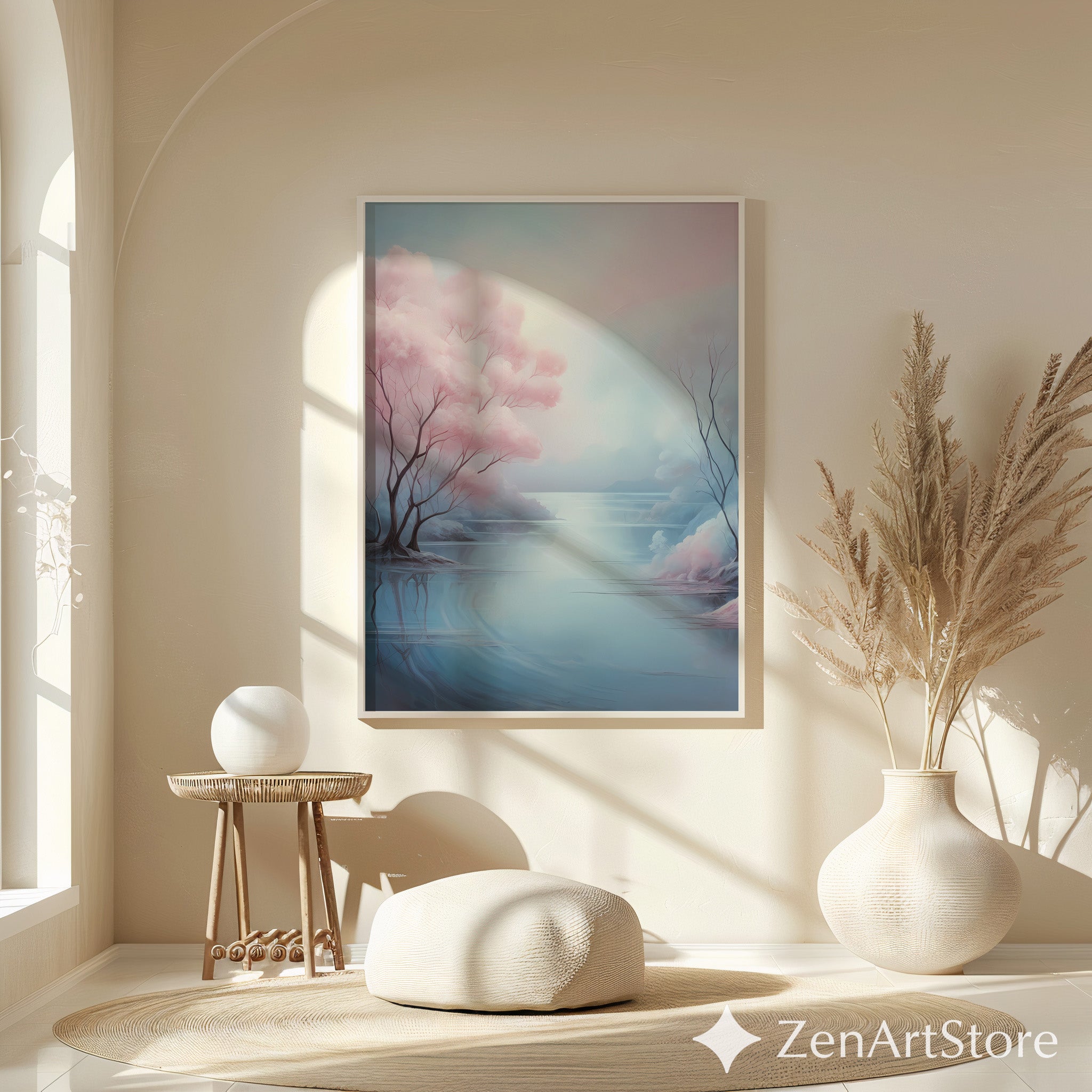 Serene Pastel Landscape Art Print - Pink Tree Lake Wall Art, Zen Minimal Japandi Home Decor