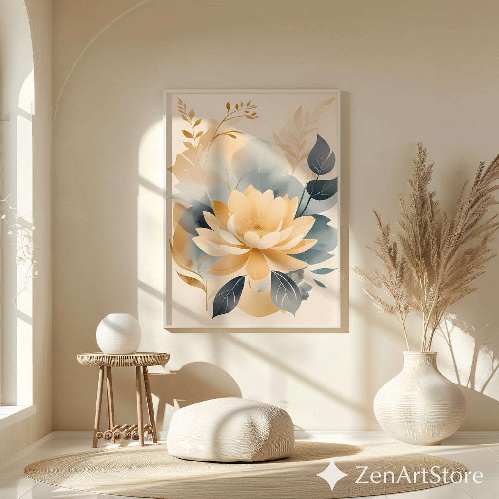 Beige Gold Floral Wall Art Print - Minimal Neutral Botanical Decor for Japandi, Scandinavian Living Room & Bedroom