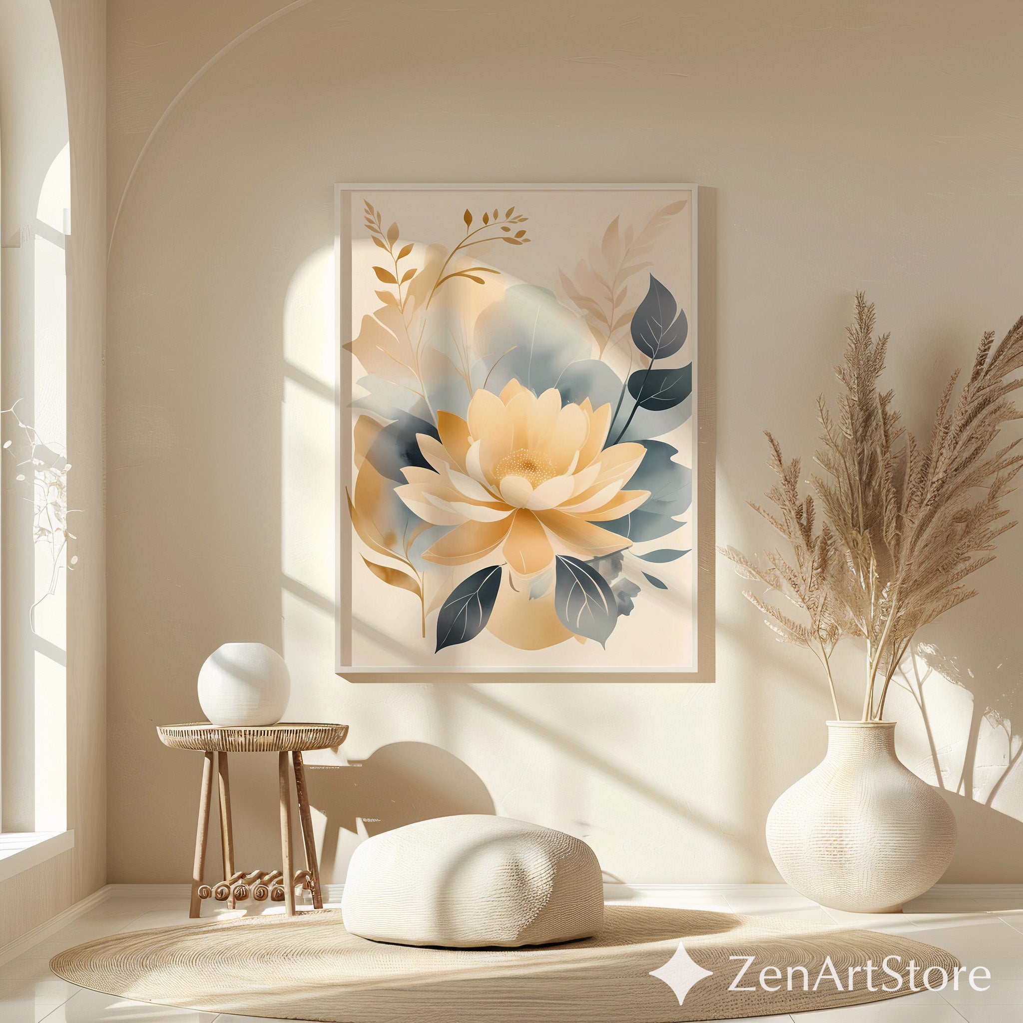 Beige Gold Floral Wall Art Print - Minimal Neutral Botanical Decor for Japandi, Scandinavian Living Room & Bedroom