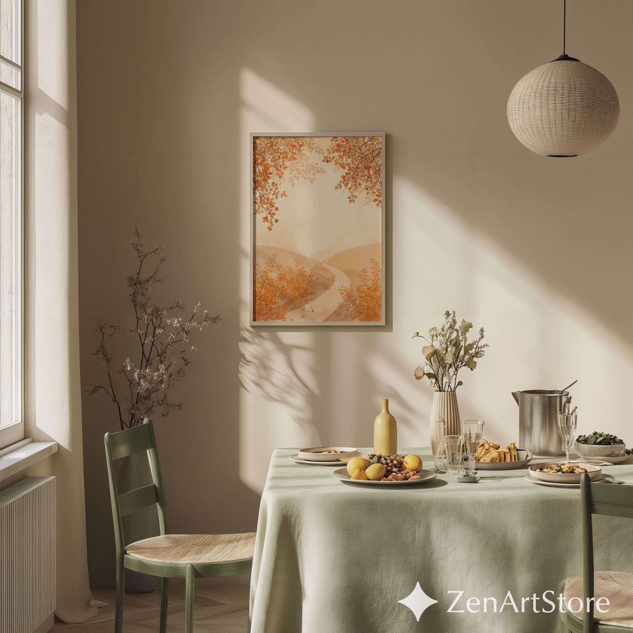Autumn Pathway Neutral Wall Art - Minimal Beige Landscape Print for Japandi & Scandinavian Home Decor