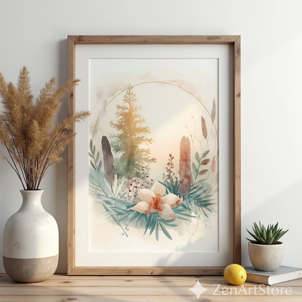 Neutral Botanical Watercolor Print with Gold Halo - Japandi Wabi Sabi Floral Wall Art