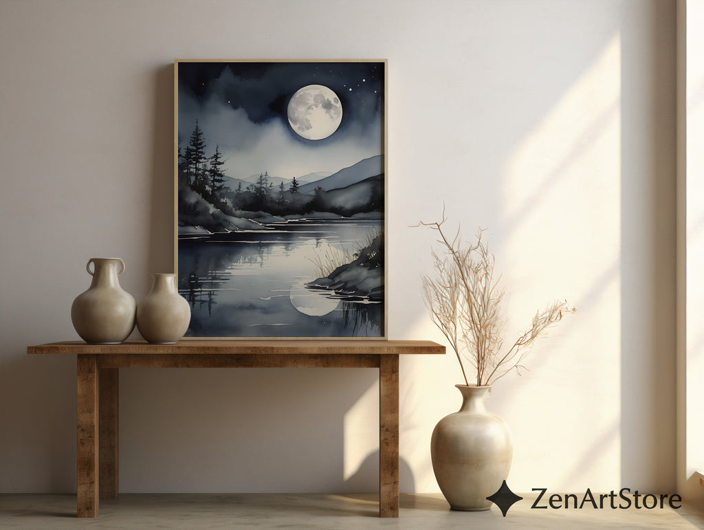 Moonlight Lake Watercolor Print - Night Sky Reflection Wall Art, Minimal Scandinavian Moon Landscape for Bedroom