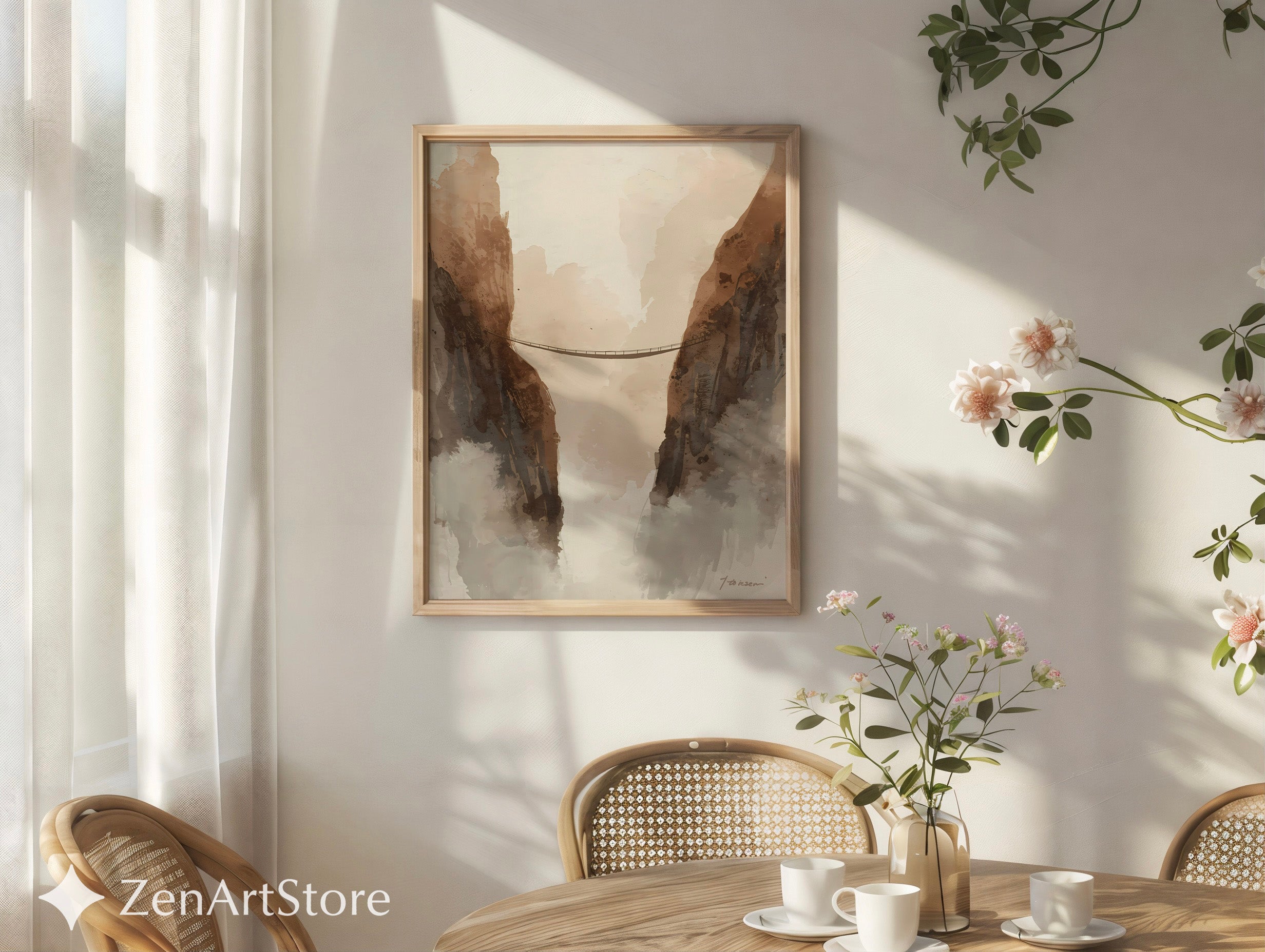 Neutral Mountain Bridge Watercolor Print – Minimal Japandi Wabi Sabi Wall Art for Living Room