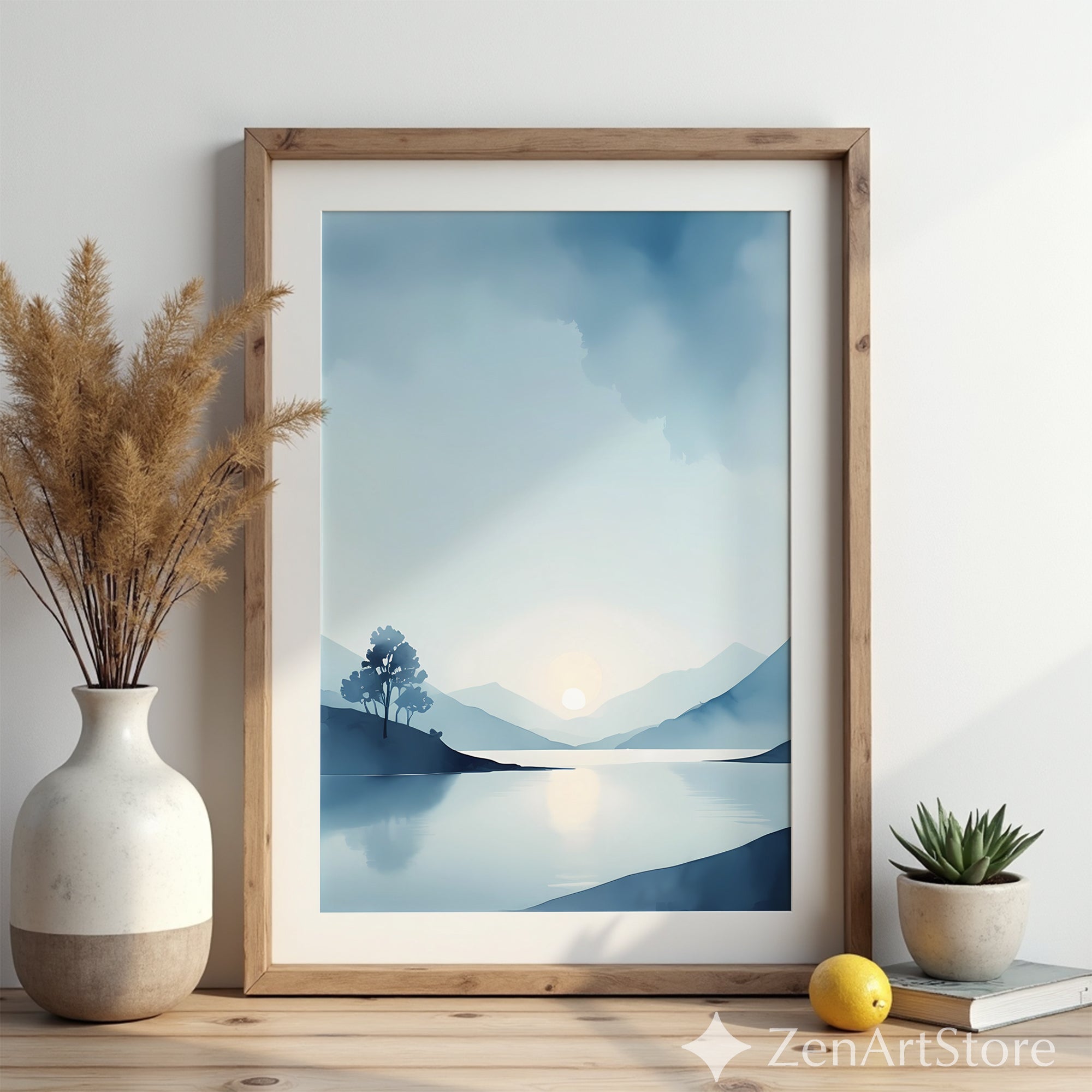 Calm Blue Lake Landscape Print - Minimal Sunrise Wall Art for Scandinavian Japandi Home Decor