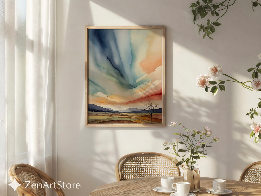 Abstract Zen Landscape Watercolor Print - Minimal Japandi Wall Art, Neutral Sky & Hills for Living Room