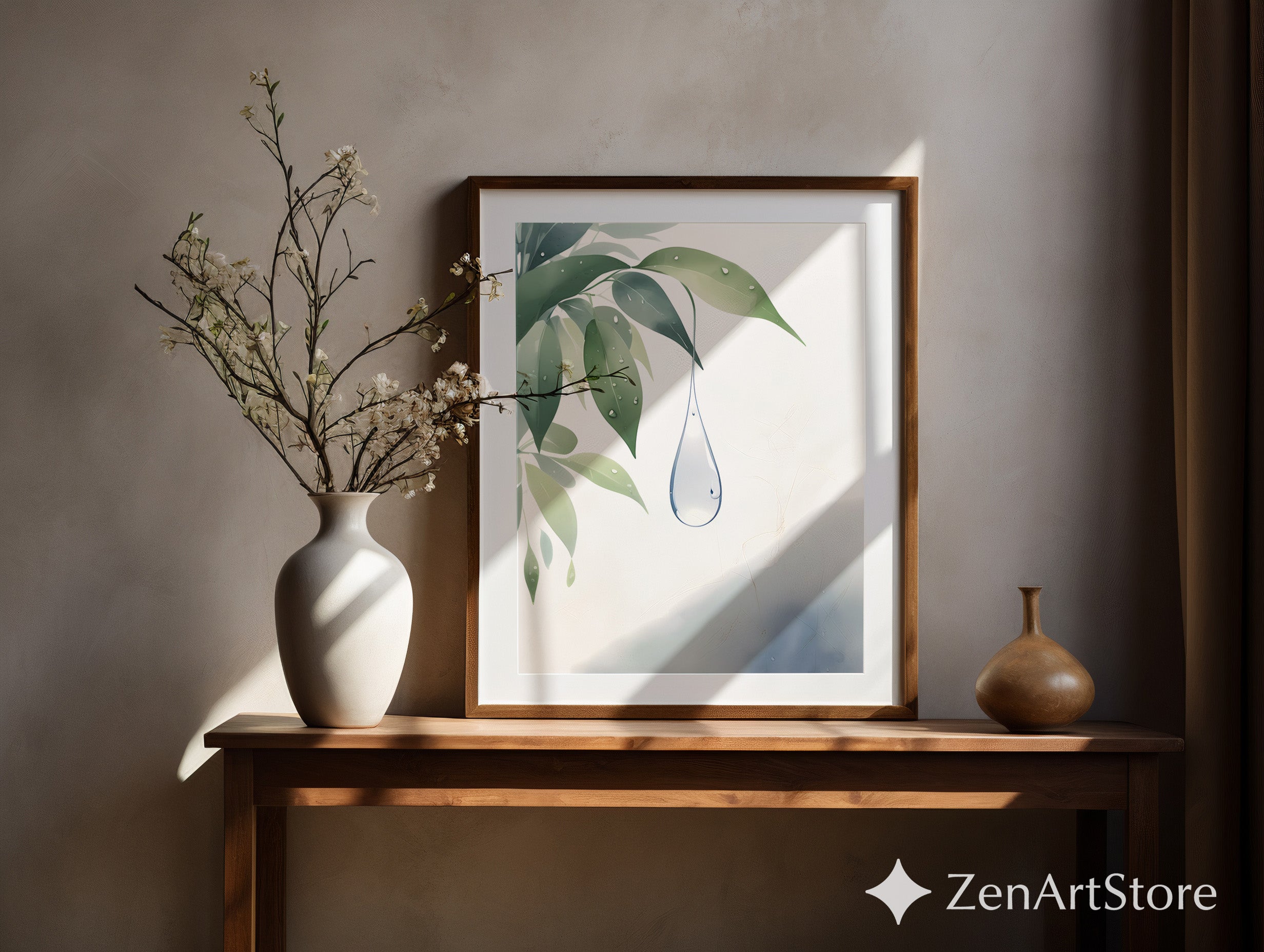 Minimal Botanical Water Droplet Print - Zen Japandi Wall Art, Green Leaf Watercolor, Calm Neutral Home Decor