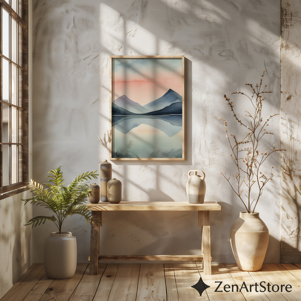 Minimal Mountain Watercolor Print - Pastel Sunset Reflection Zen Japandi Scandinavian Wall Art