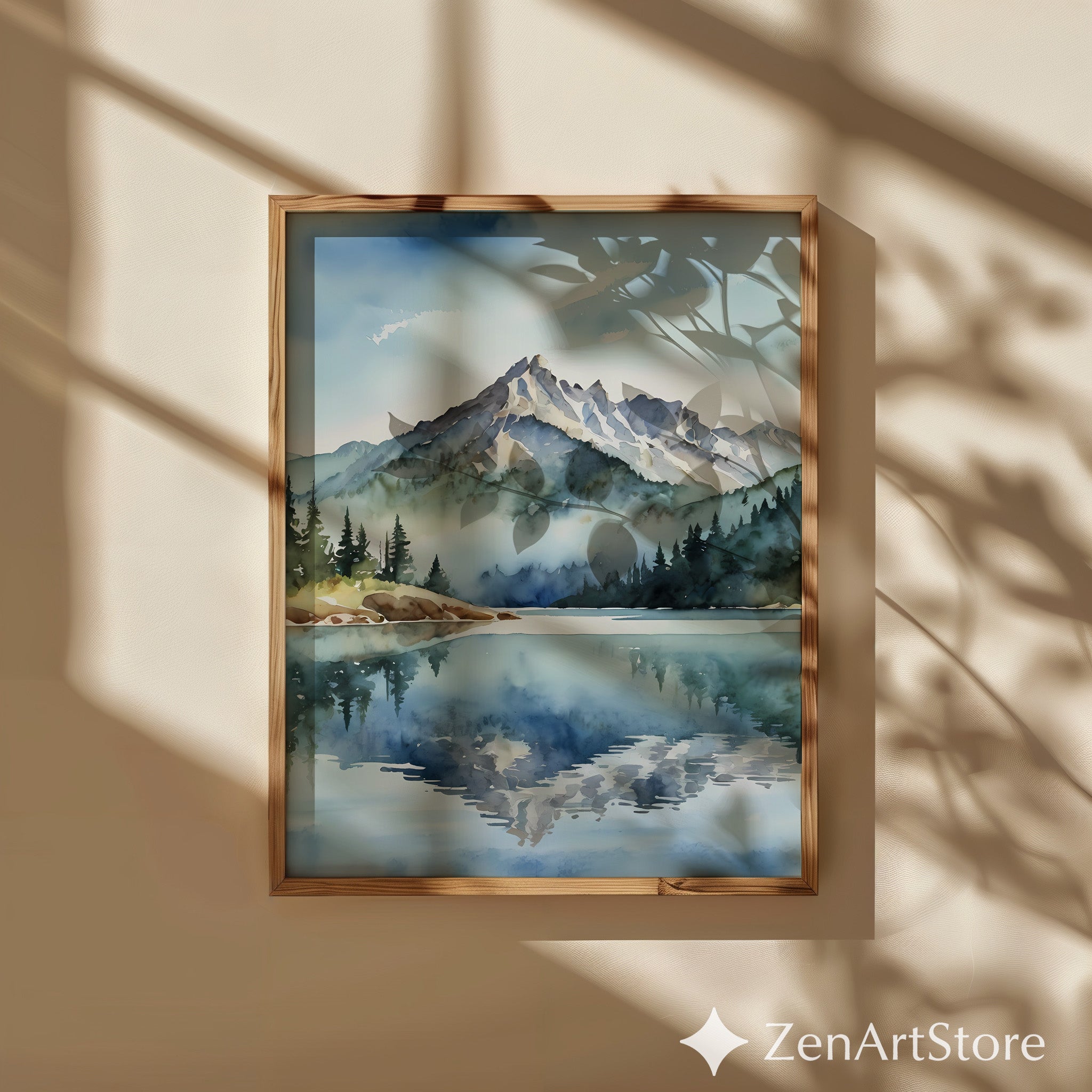 Mountain Watercolor Print Lake Reflection Wall Art - Calm Japandi Scandinavian Landscape for Living Room & Bedroom