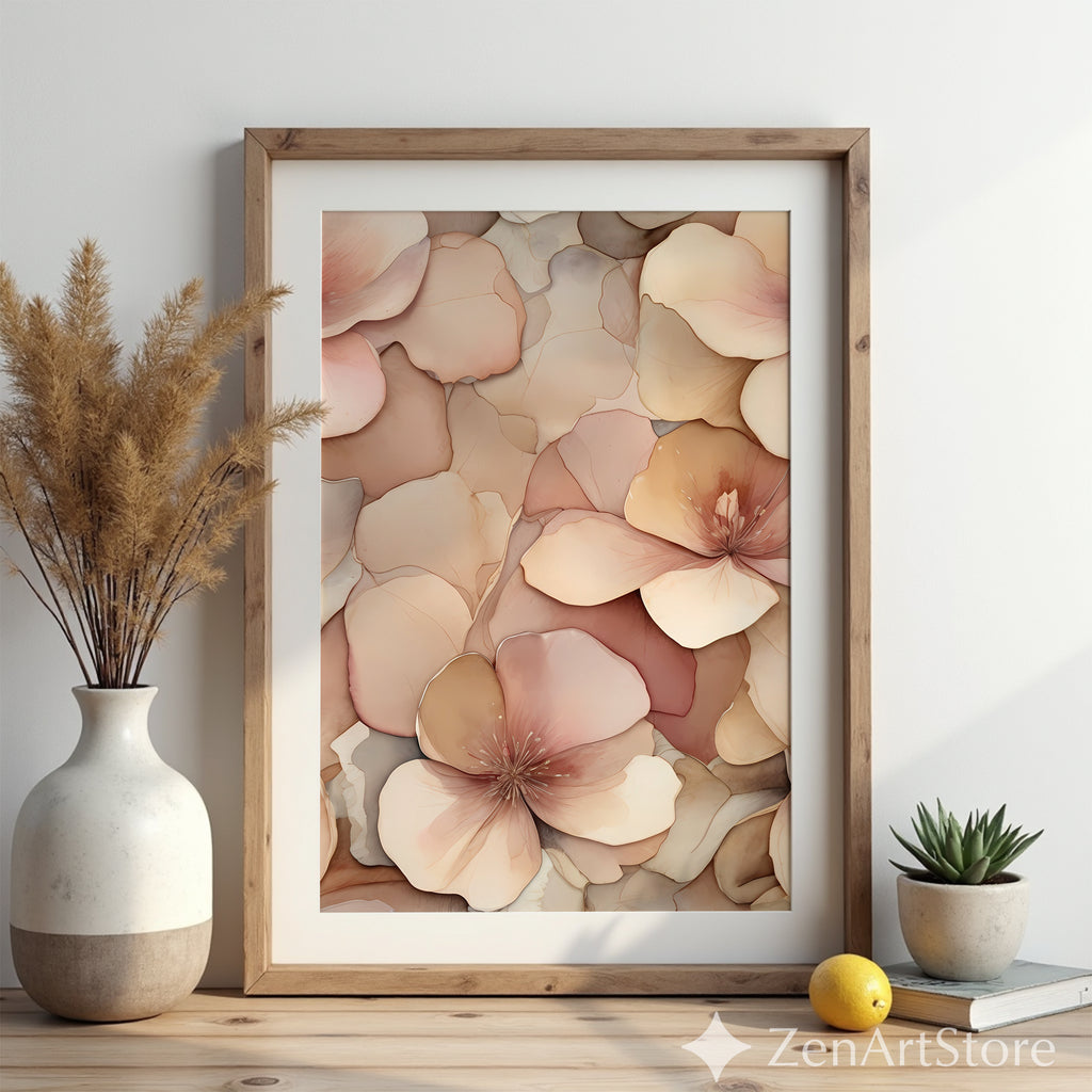 Blush Neutral Floral Wall Art - Soft Peach Botanical Print, Minimal Japandi Canvas for Living Room & Bedroom