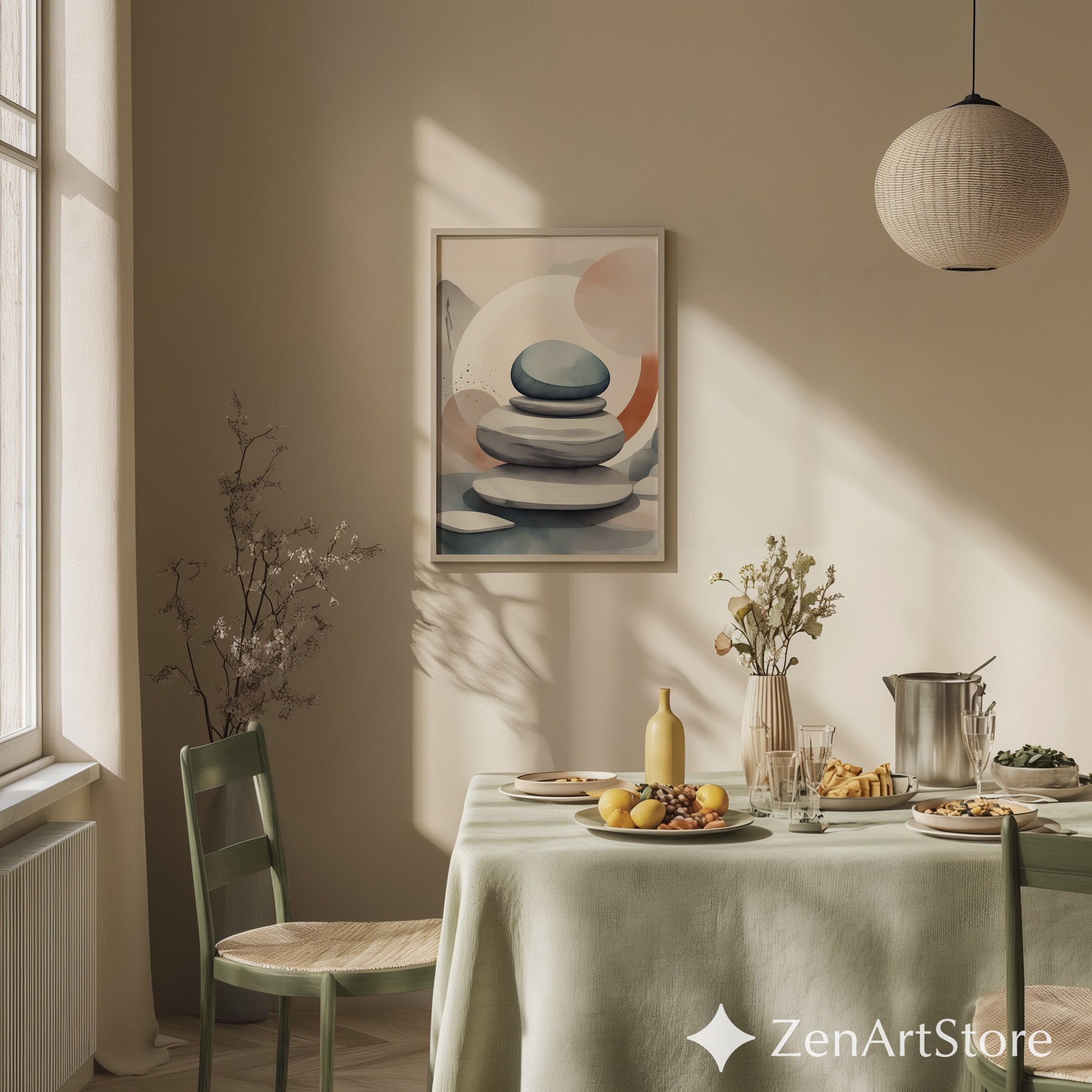 Zen Stone Stack Wall Art - Minimal Japandi Neutral Abstract Print for Living Room, Bedroom, Spa Decor