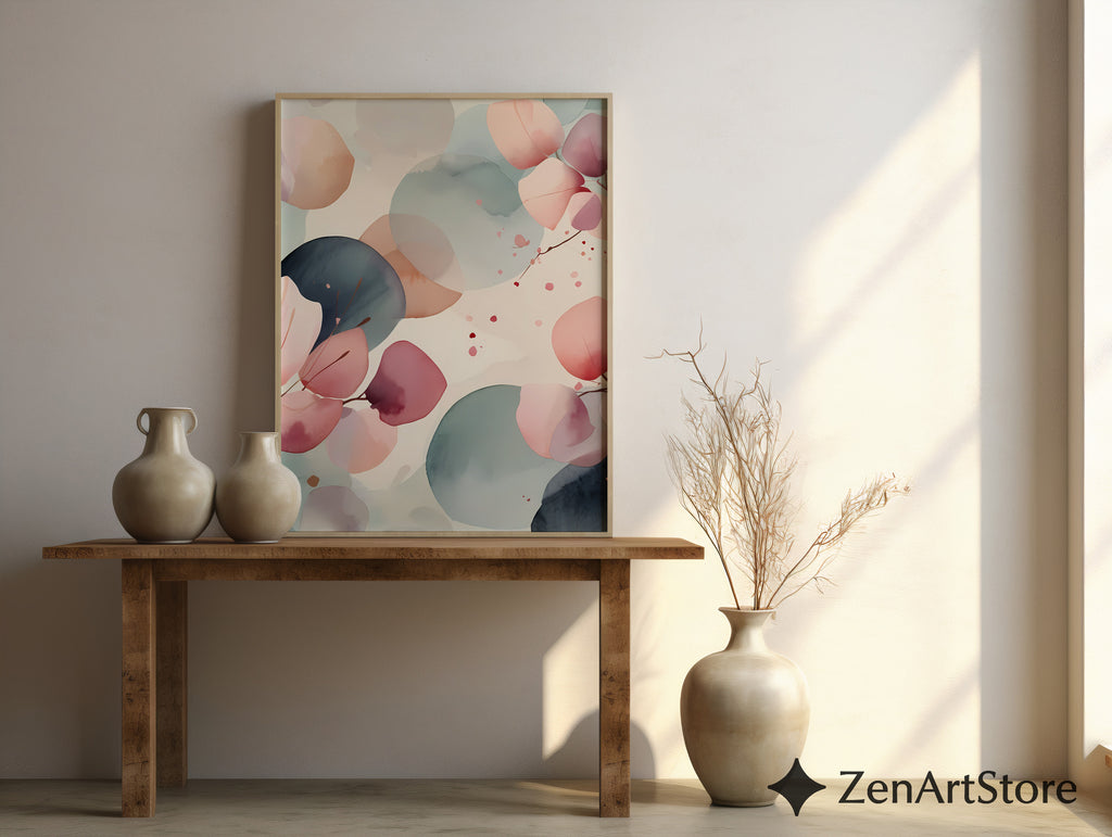 Zen Minimal Japanese Abstract Printable Wall Art - Soft Pink & Teal Watercolor Eucalyptus
