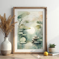 Zen Lotus Pond Wall Art - Minimal Japandi Botanical Print, Calming Neutral Green Landscape for Home Decor