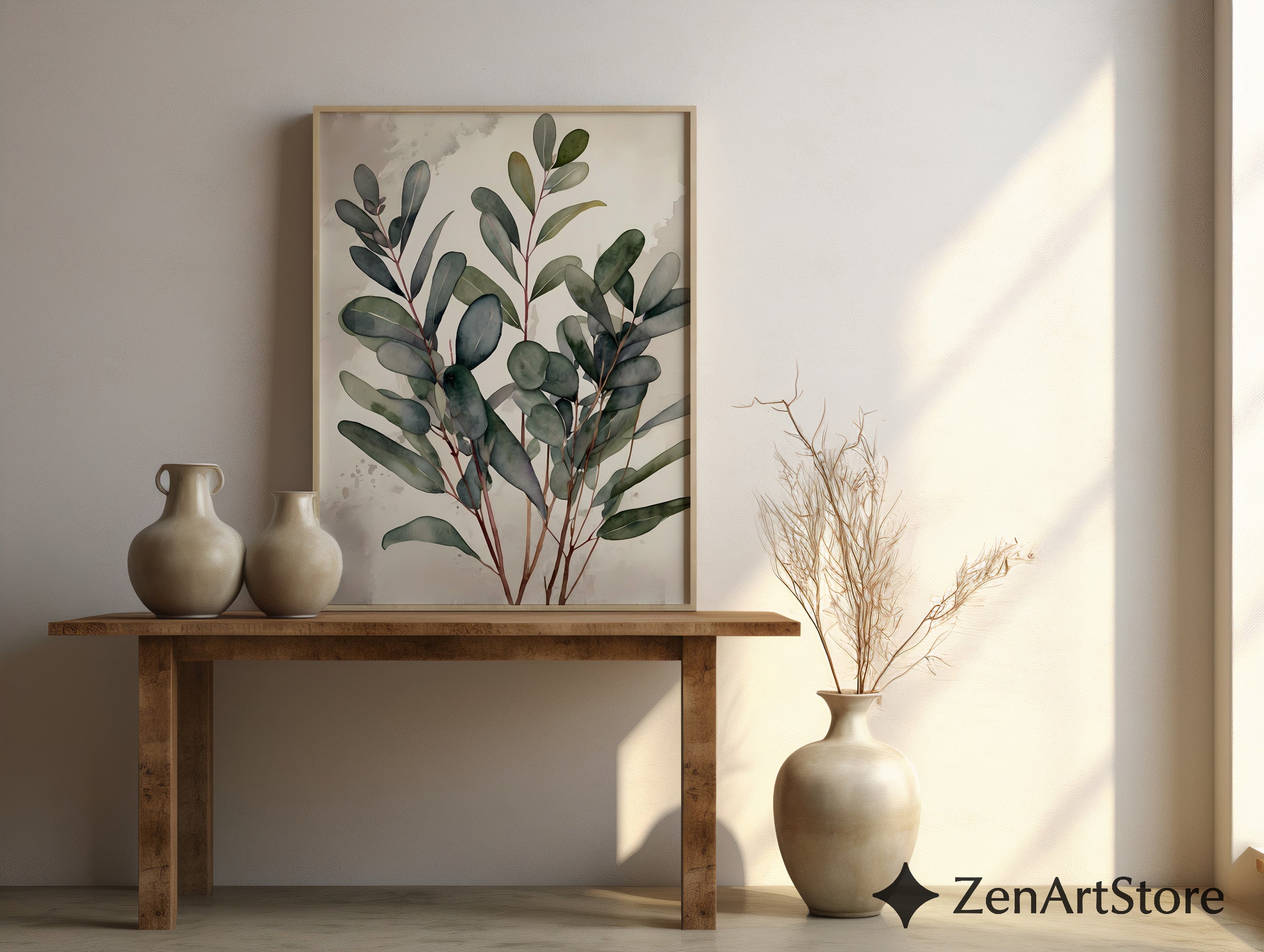 Minimal Eucalyptus Botanical Wall Art - Neutral Japandi Watercolor Print for Living Room Bedroom - Calm Scandinavian Plant Poster