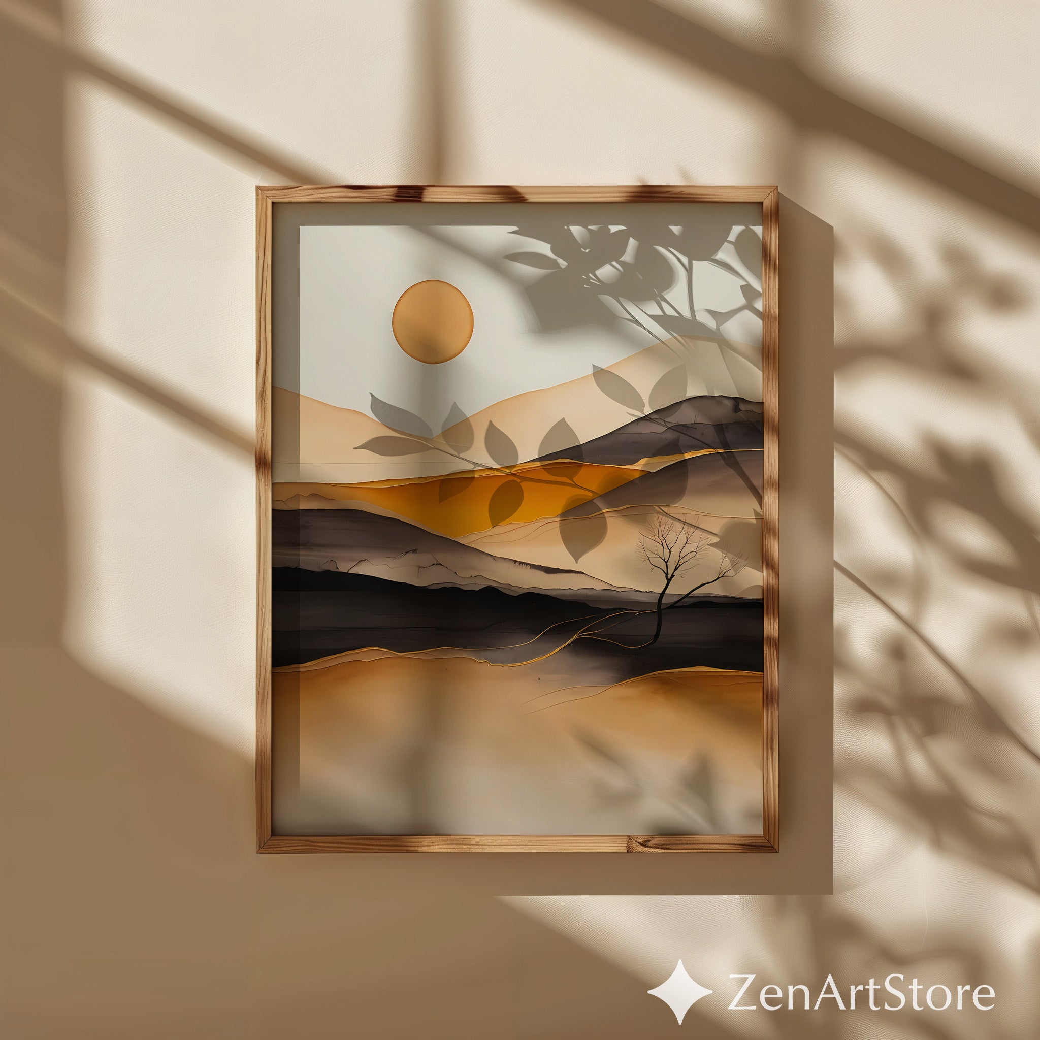 Minimal Abstract Desert Landscape Print - Warm Beige Ochre Modern Wall Art for Living Room, Japandi Scandi Canvas or Digital Download