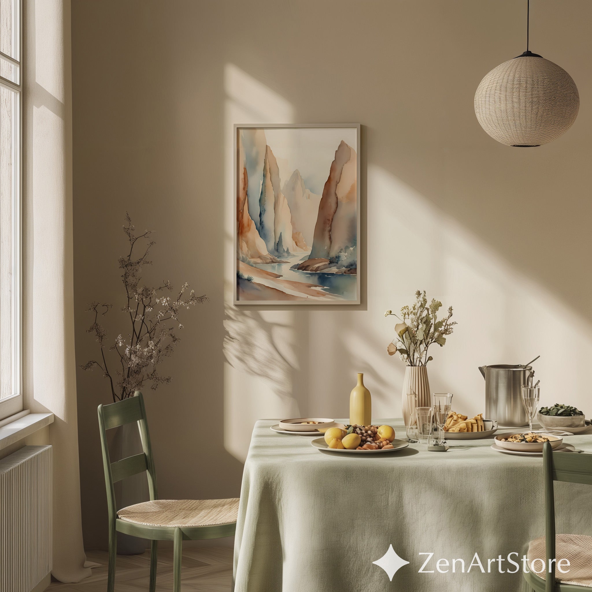 Neutral Watercolor Mountain Landscape Print Calm Zen Abstract River Art for Japandi Scandinavian Minimal Home Decor