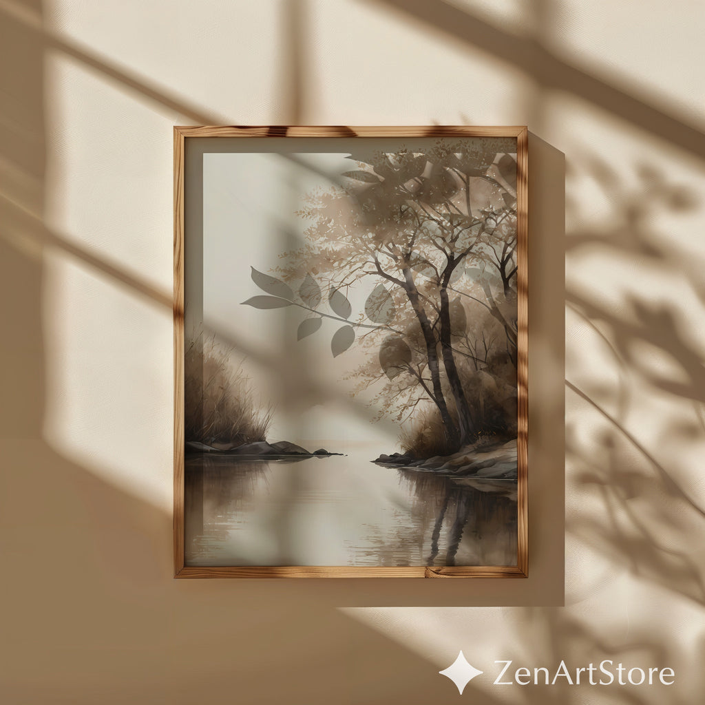 Serene Sepia Lake Landscape Print – Minimal Japandi Wabi Sabi Wall Art, Neutral Brown Beige Canvas or Digital Download